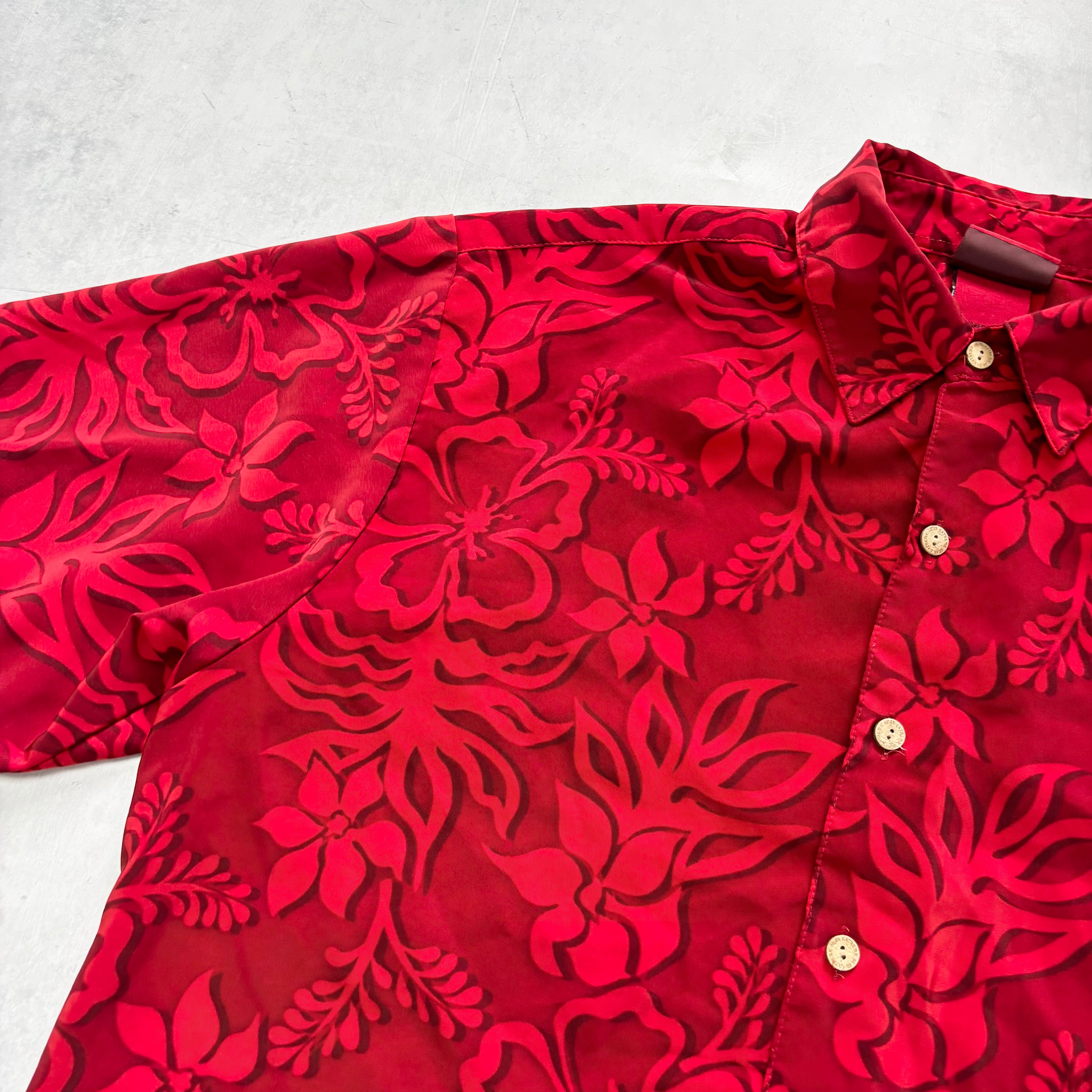 Vintage Hawaiian Shirt Mens Large Red Floral Aloha Short Sleeve Polyester (E)