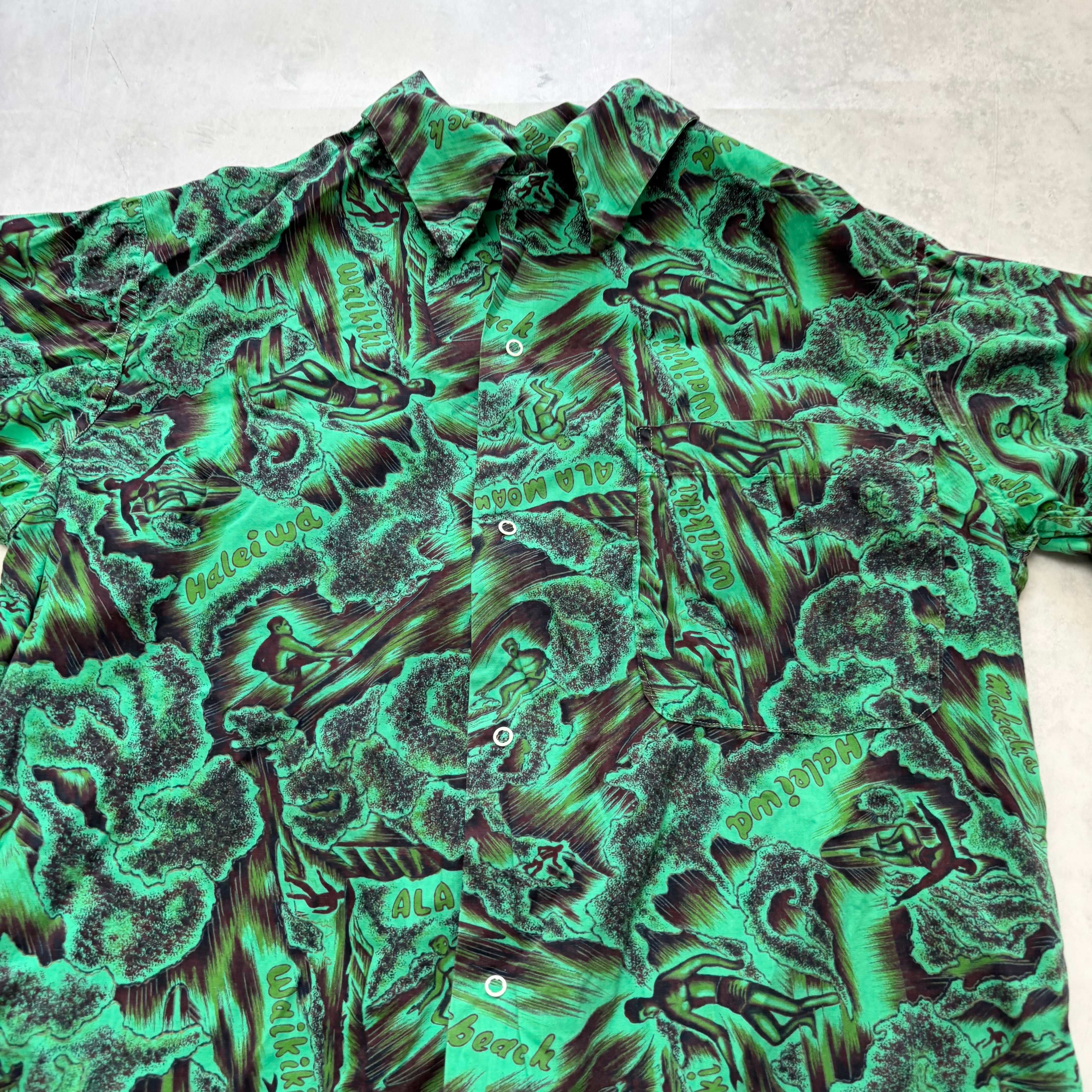 Vintage Hawaiian Shirt Mens Medium Green Floral Aloha Short Sleeve (E)