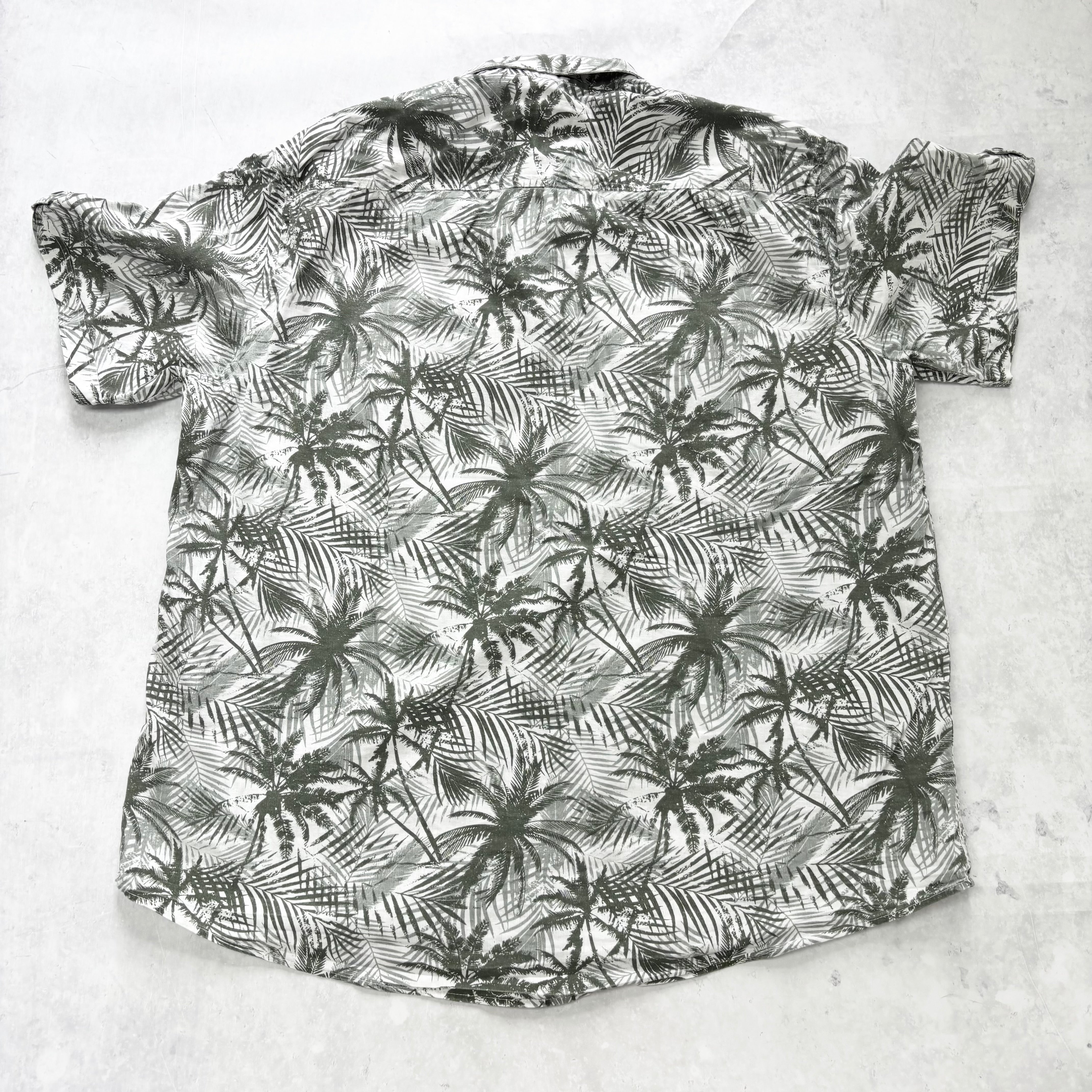 Hawaiian Shirt Mens XL Green White Floral Aloha Short Sleeve Cotton Linen (E)