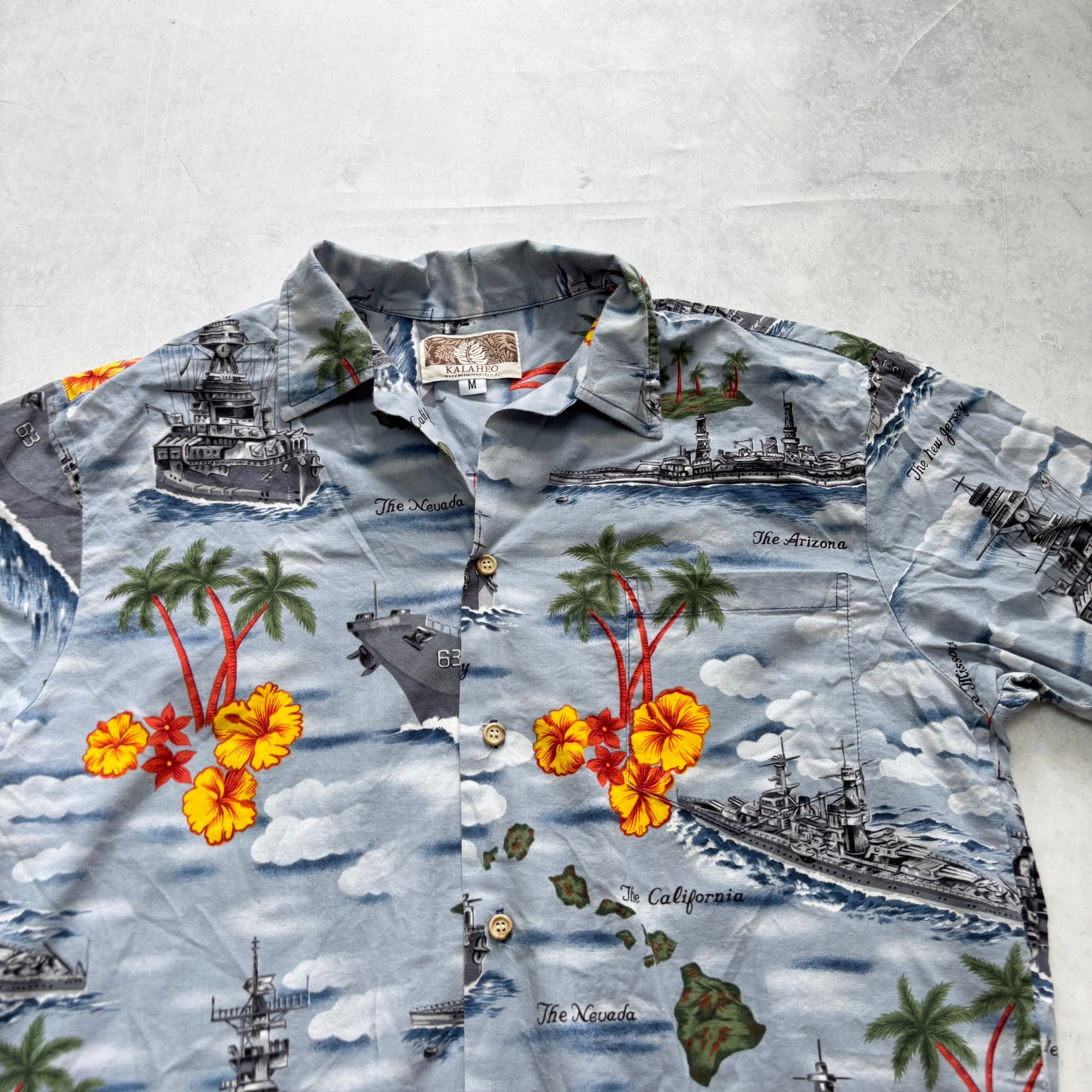 Vintage Hawaiian Shirt Mens Medium Blue Floral Aloha Short Sleeve Cotton (E)