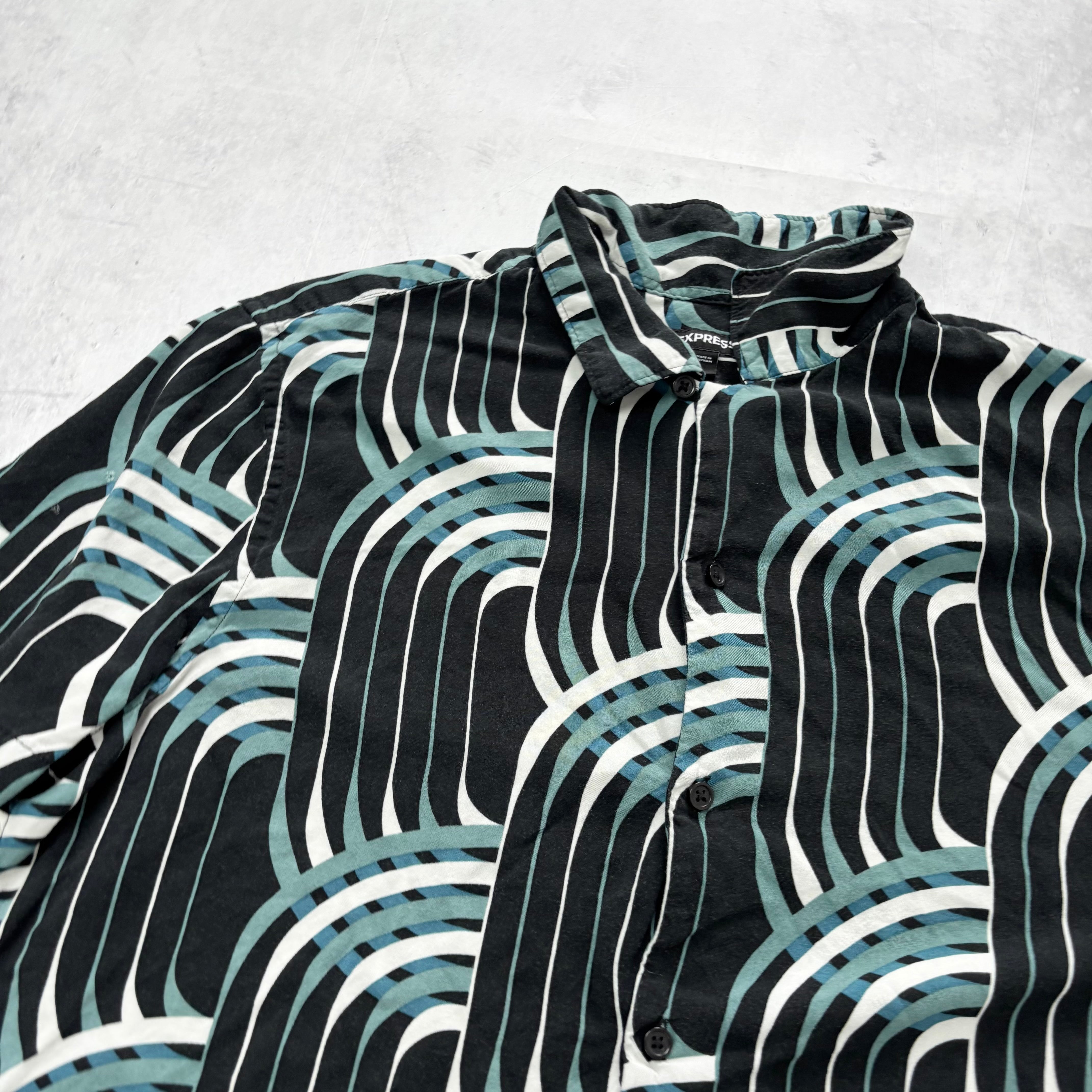 Express Shirt Mens Large Black Abstract Funky Short Sleeve Rayon (E)