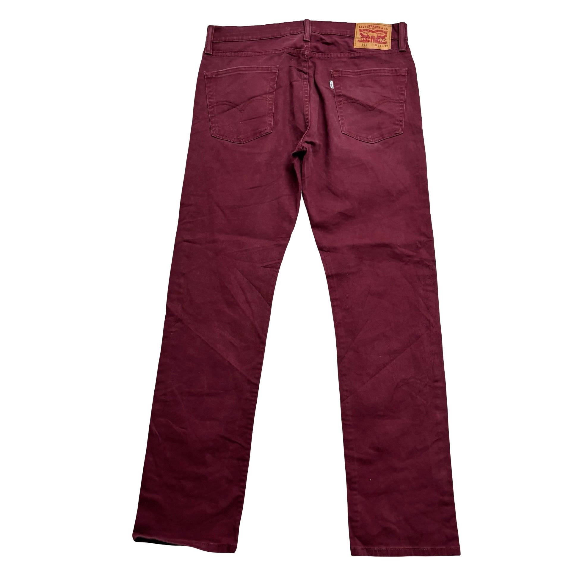 Levis 513 Jeans W34 L32 Mens Burgundy Slim Straight Fit Stretch Denim (E)