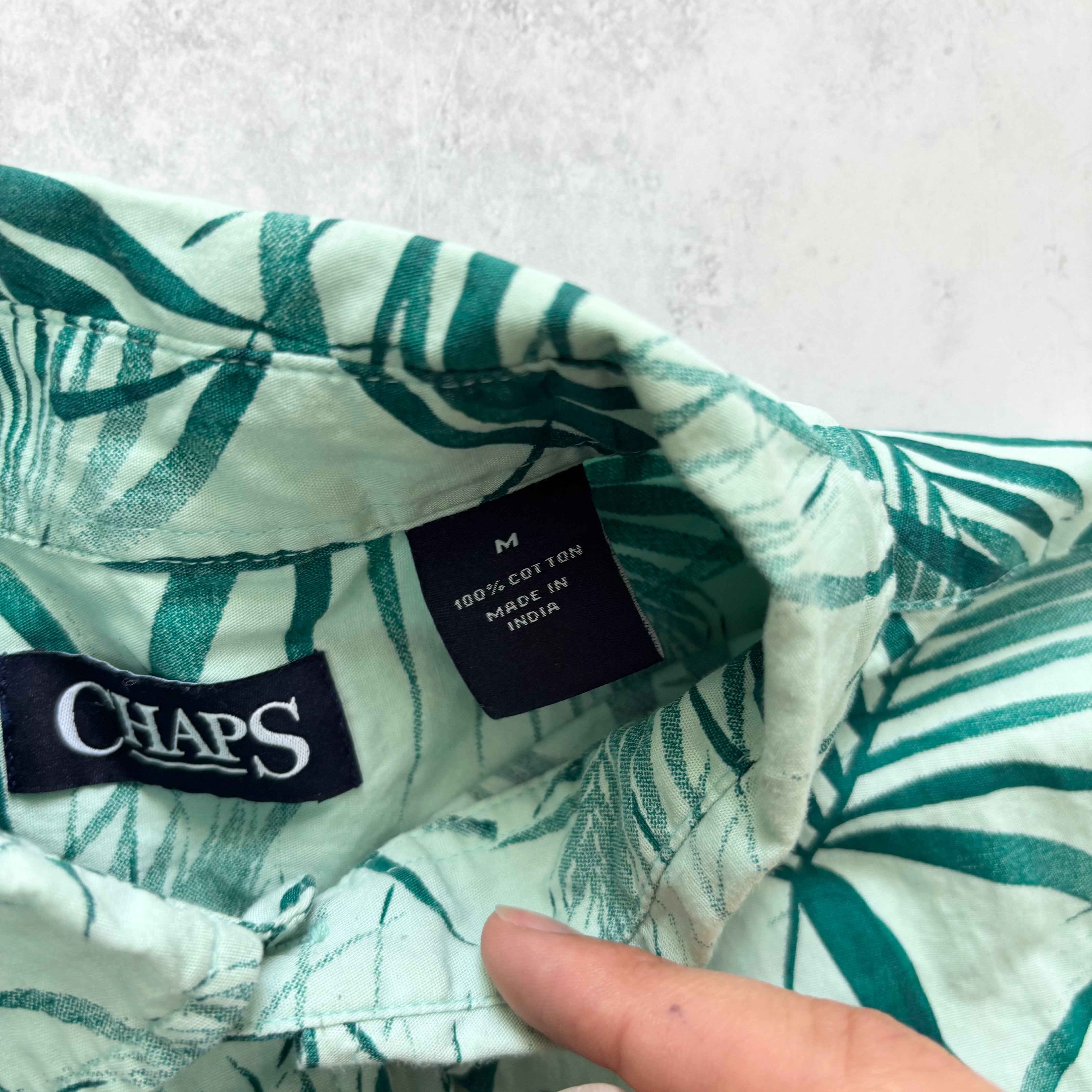 Vintage Chaps Hawaiian Shirt Mens Medium Green Floral Short Sleeve Cotton (E)