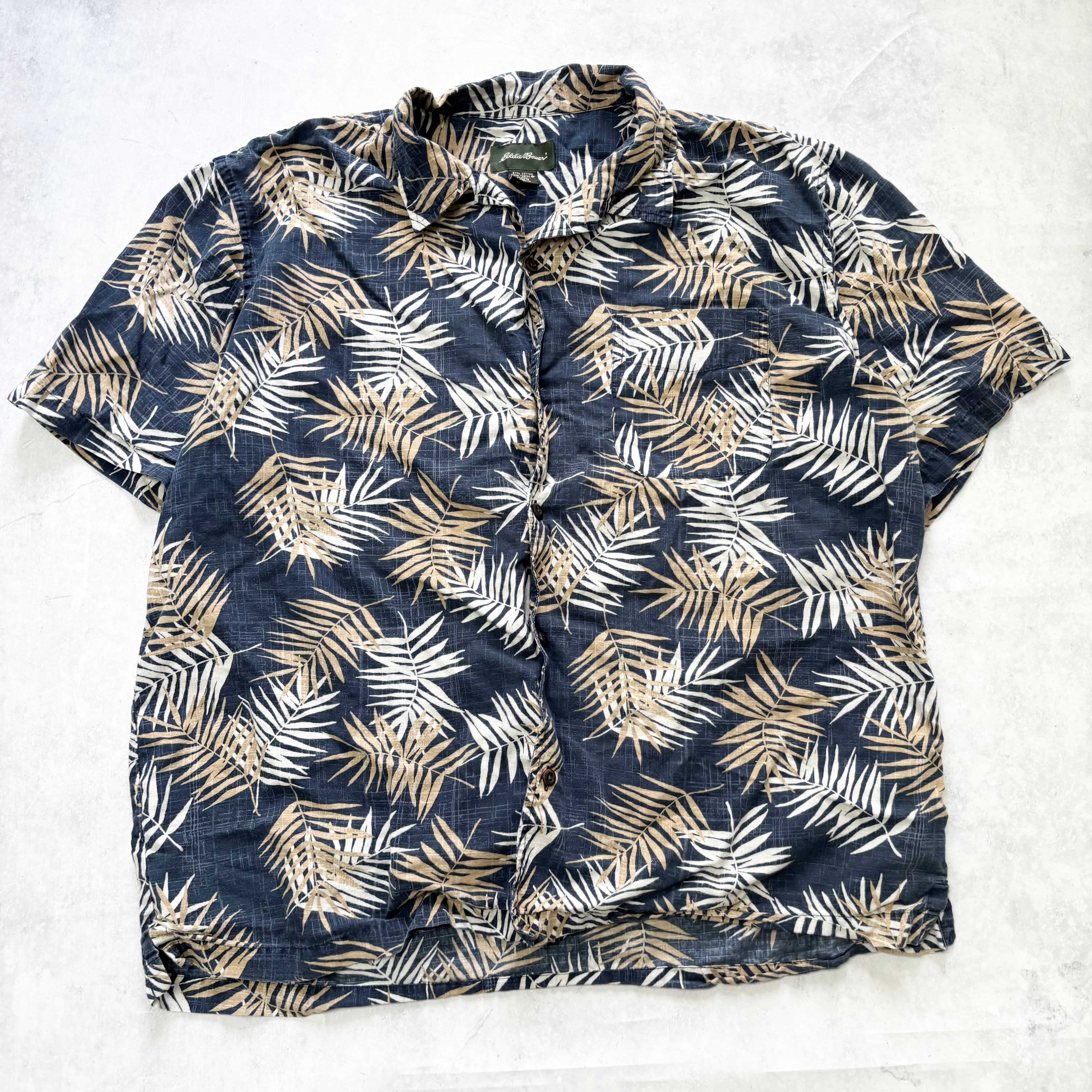 Eddie Bauer Hawaiian Shirt Mens XL Blue Floral Aloha Short Sleeve Cotton (E)