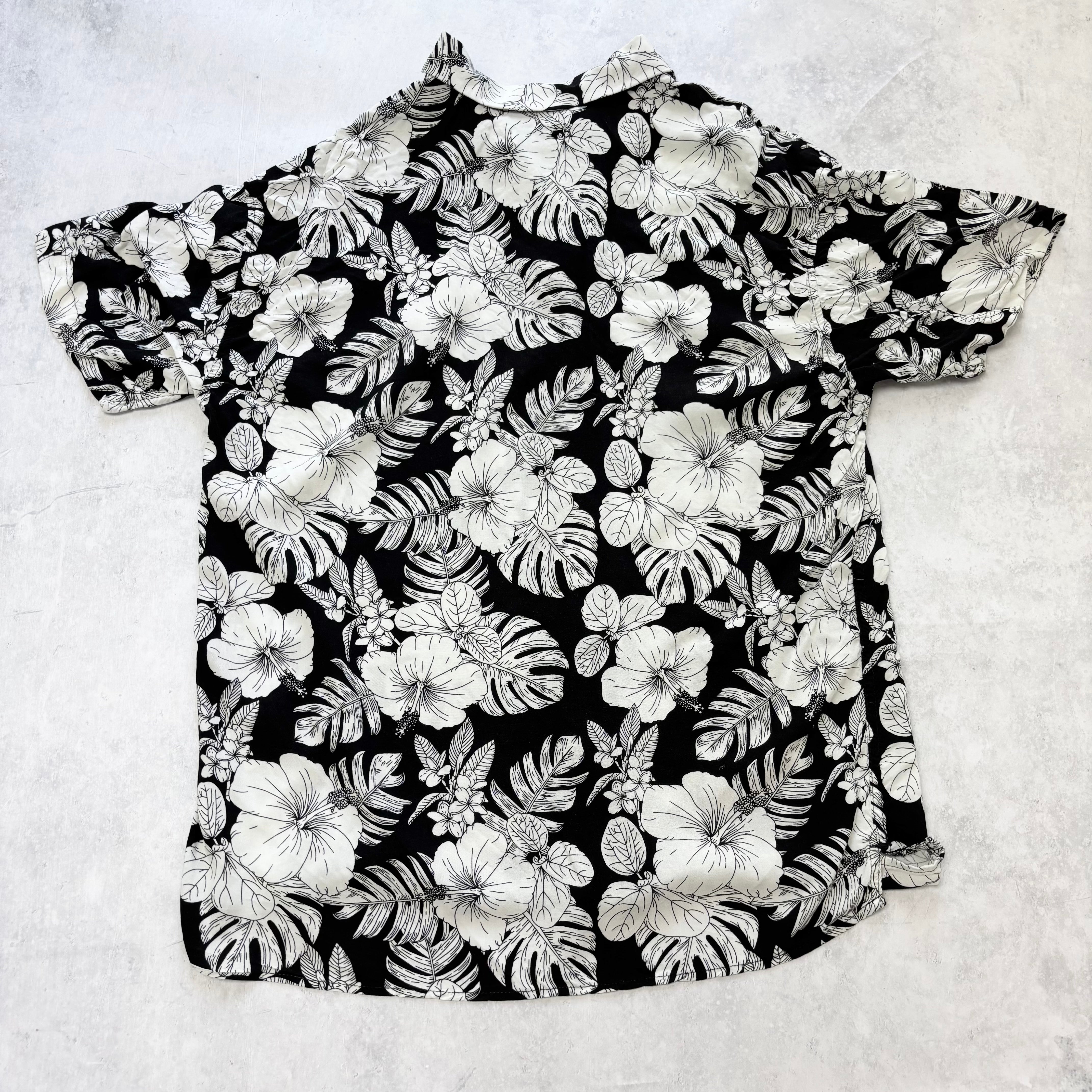 Hawaiian Shirt Mens Large Black White Floral Aloha Short Sleeve Viscose (E)