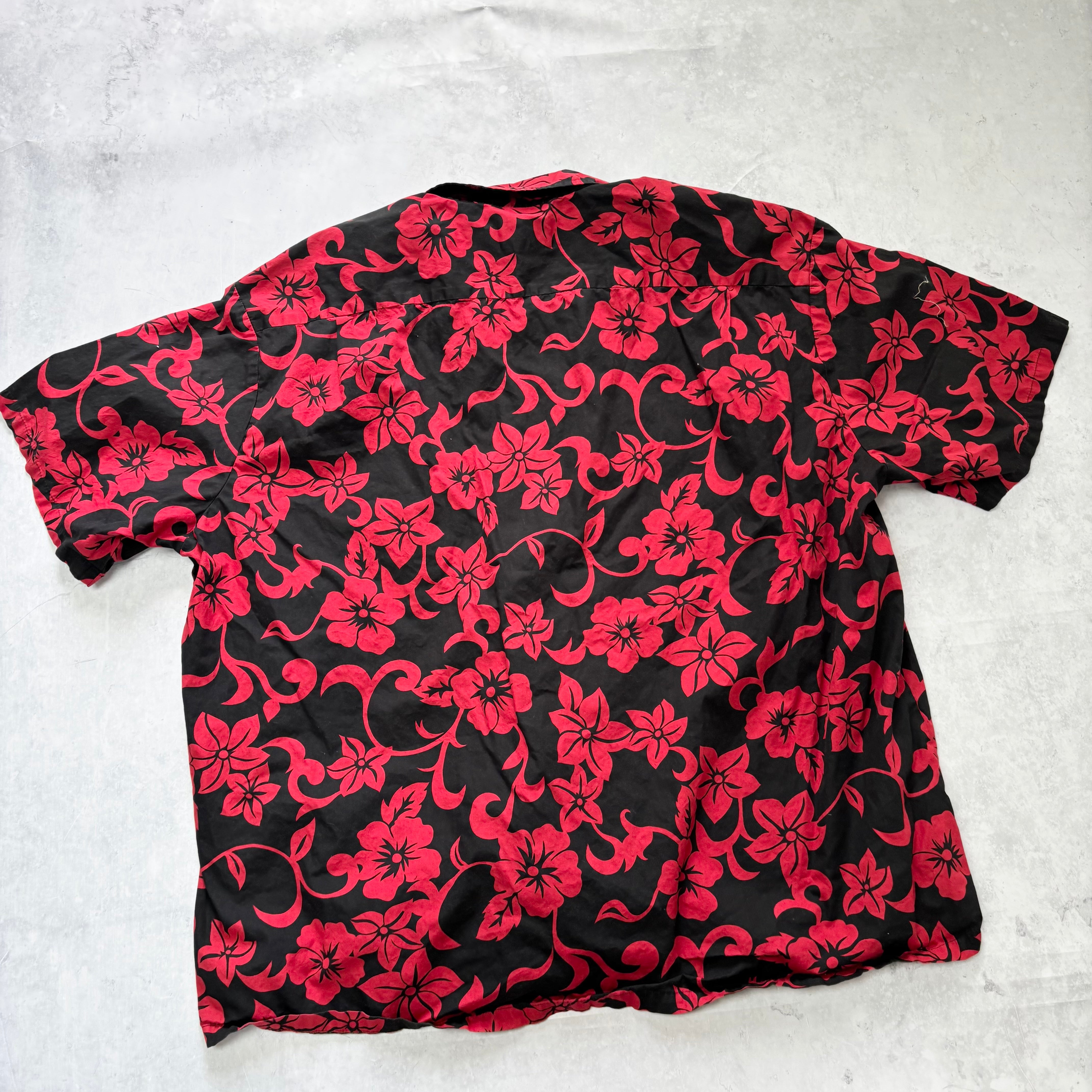Vintage Hawaiian Shirt Mens 5XL Red Black Floral Aloha Short Sleeve Cotton (E)