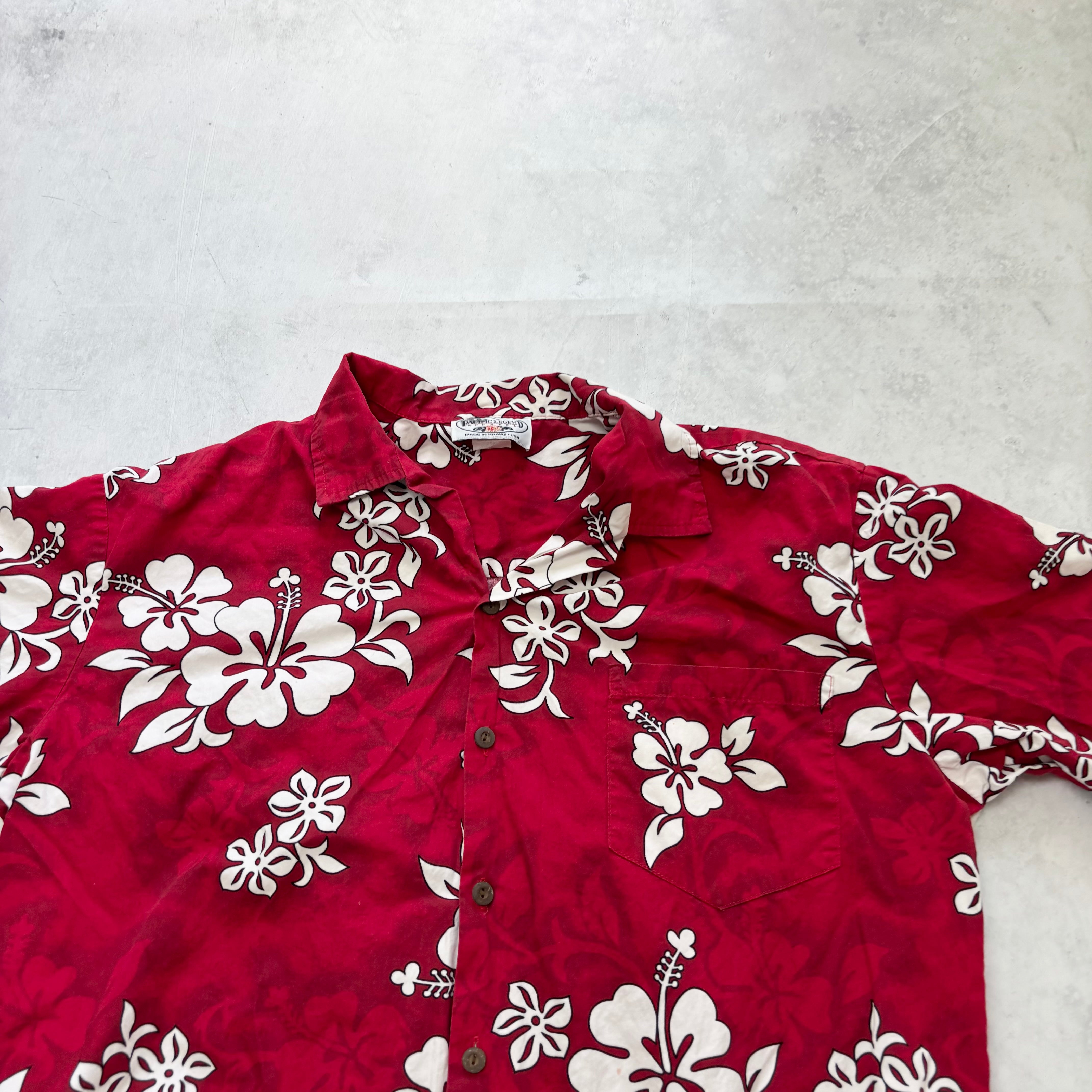Vintage Hawaiian Shirt Mens Large Red Floral Aloha Short Sleeve Cotton