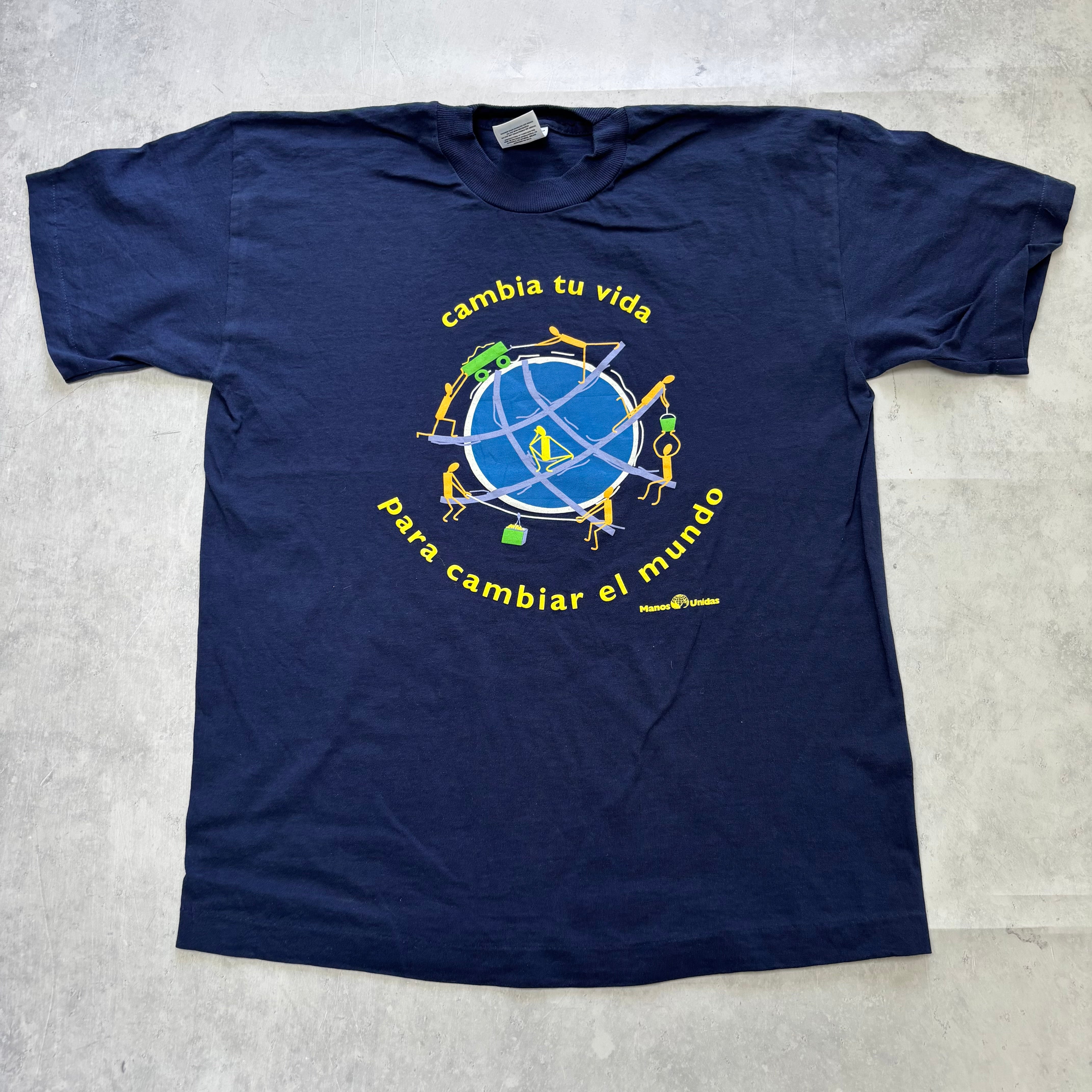 Vintage T Shirt Mens Medium Navy Blue Single Stitch Graphic Print 90s (E)