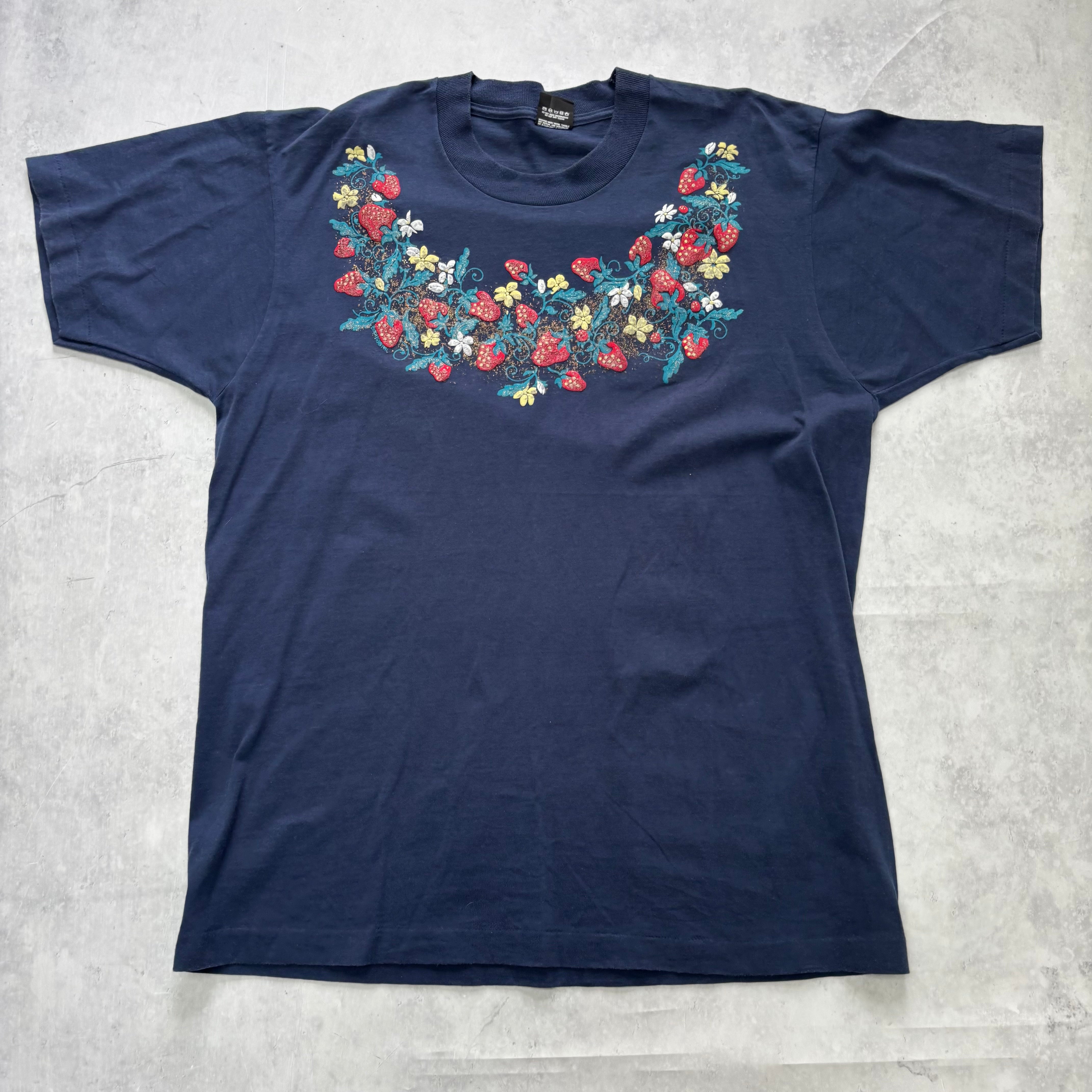 Vintage T Shirt Mens Large Navy Blue Single Stitch Graphic Print 90s USA (E)