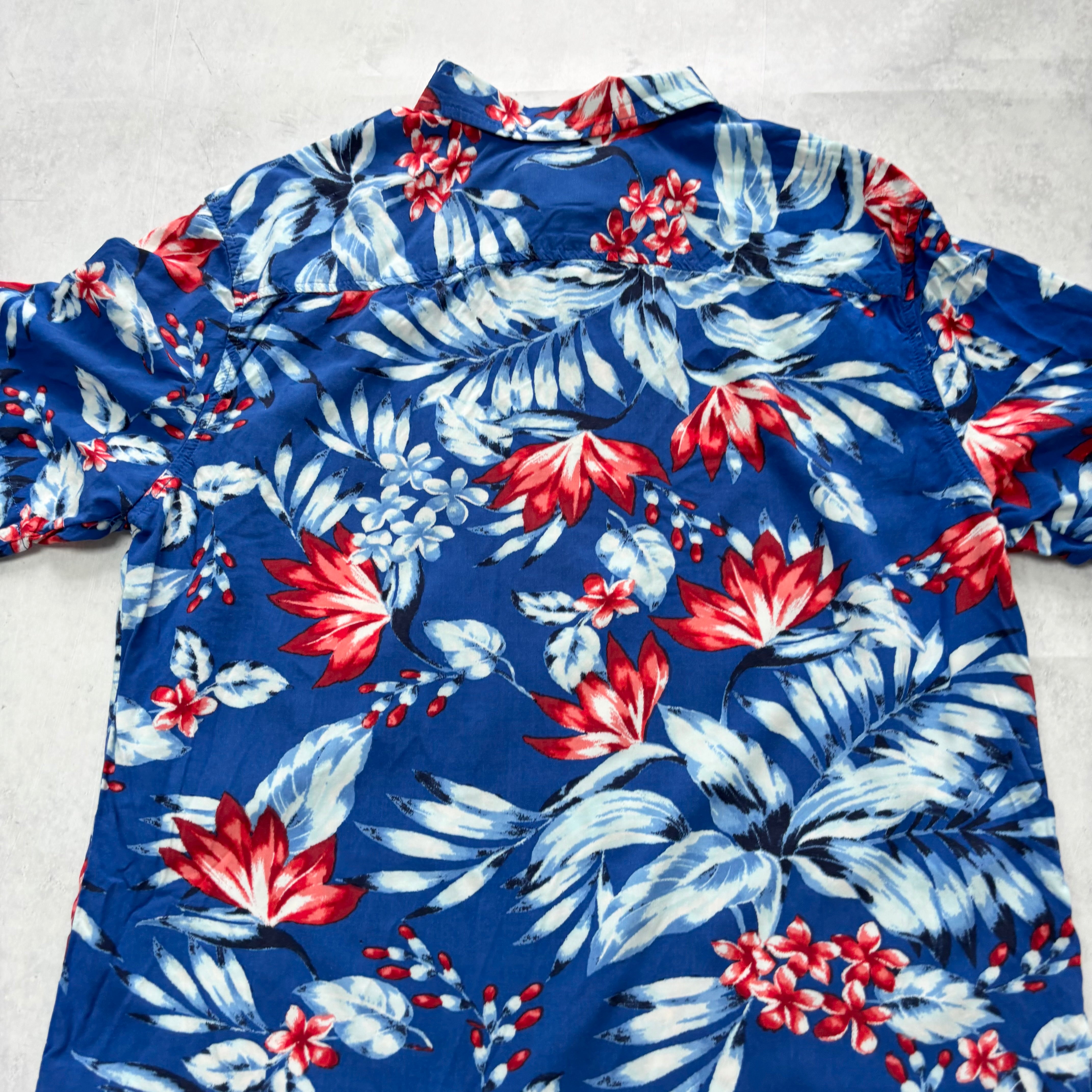 Hawaiian Shirt Mens Small Blue Floral Aloha Short Sleeve Rayon Regular Fit (E)