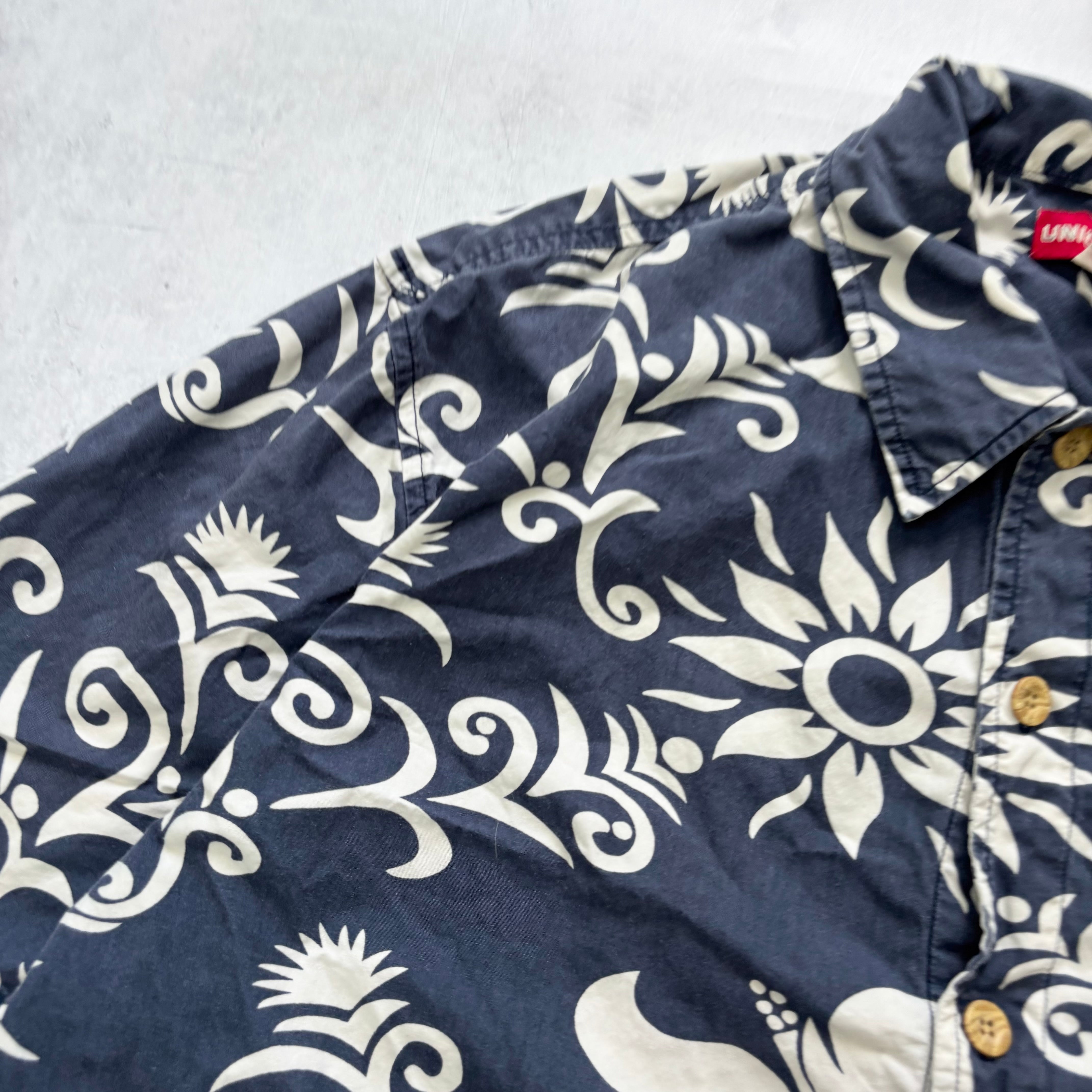 Vintage Hawaiian Shirt Mens Large Navy Floral Aloha Short Sleeve Cotton (E)