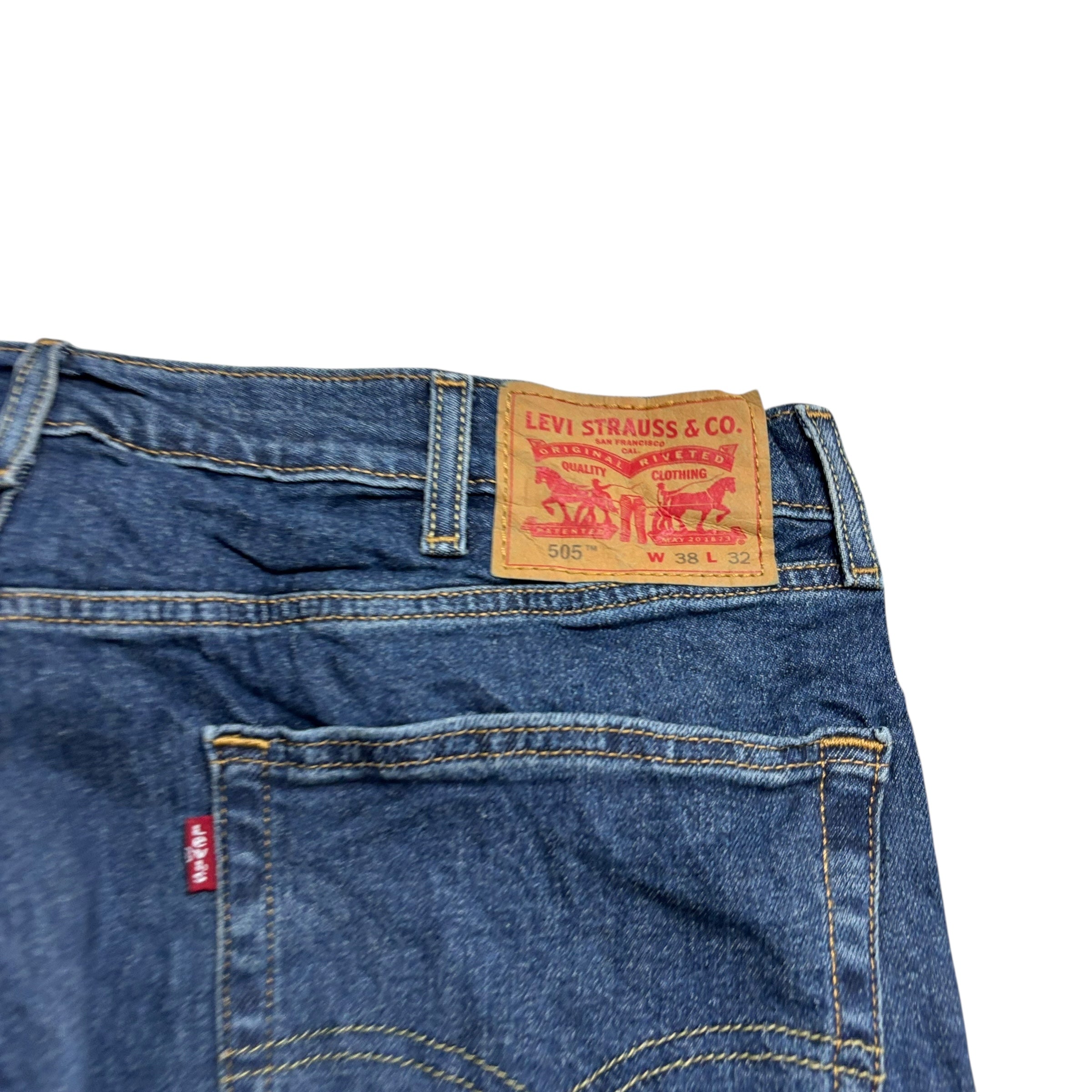 Levis 505 Jeans W38 L32 Mens Mid Blue Regular Straight Fit Stretch Denim (E)