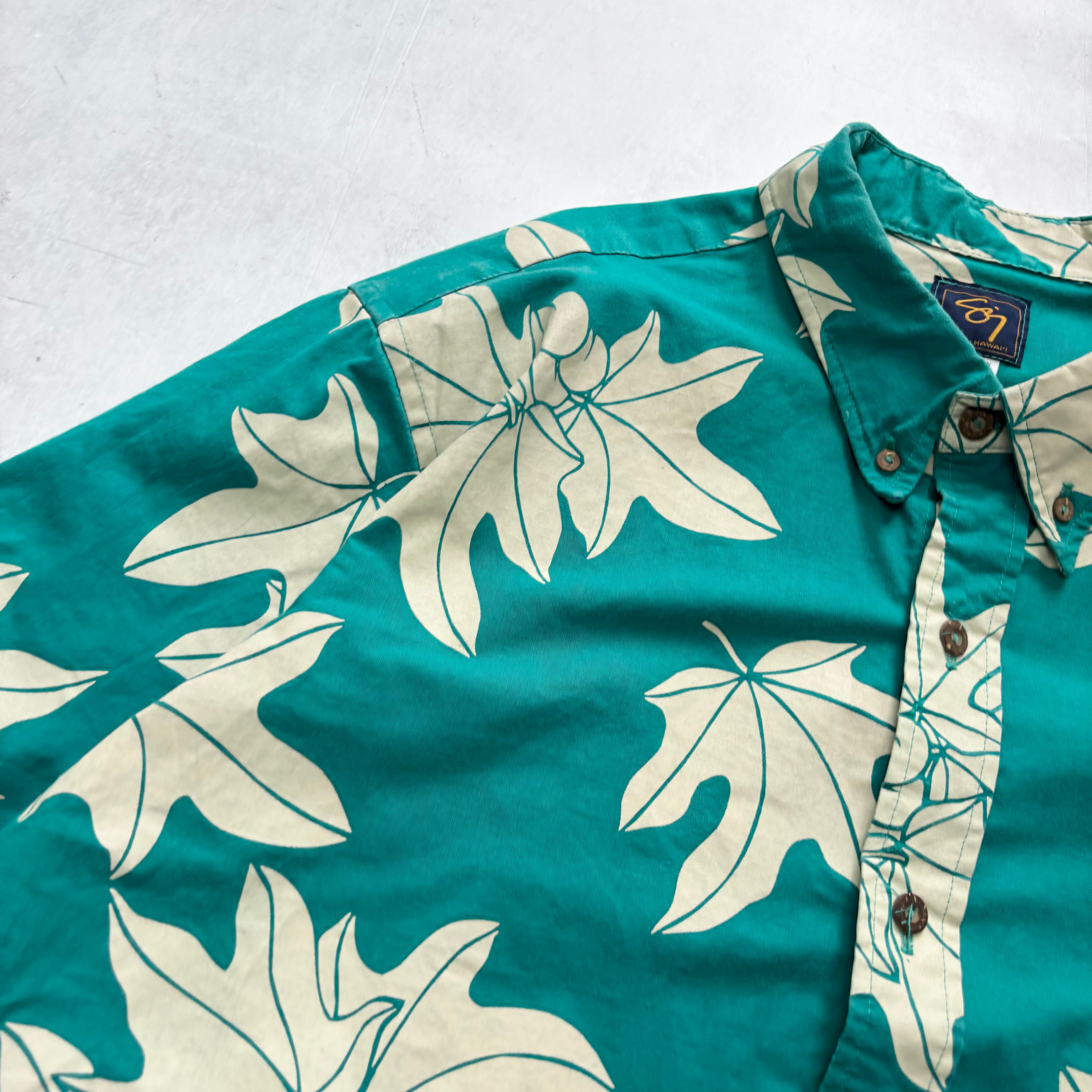 Vintage Hawaiian Shirt Mens XL Green Floral Aloha Short Sleeve Cotton (E)