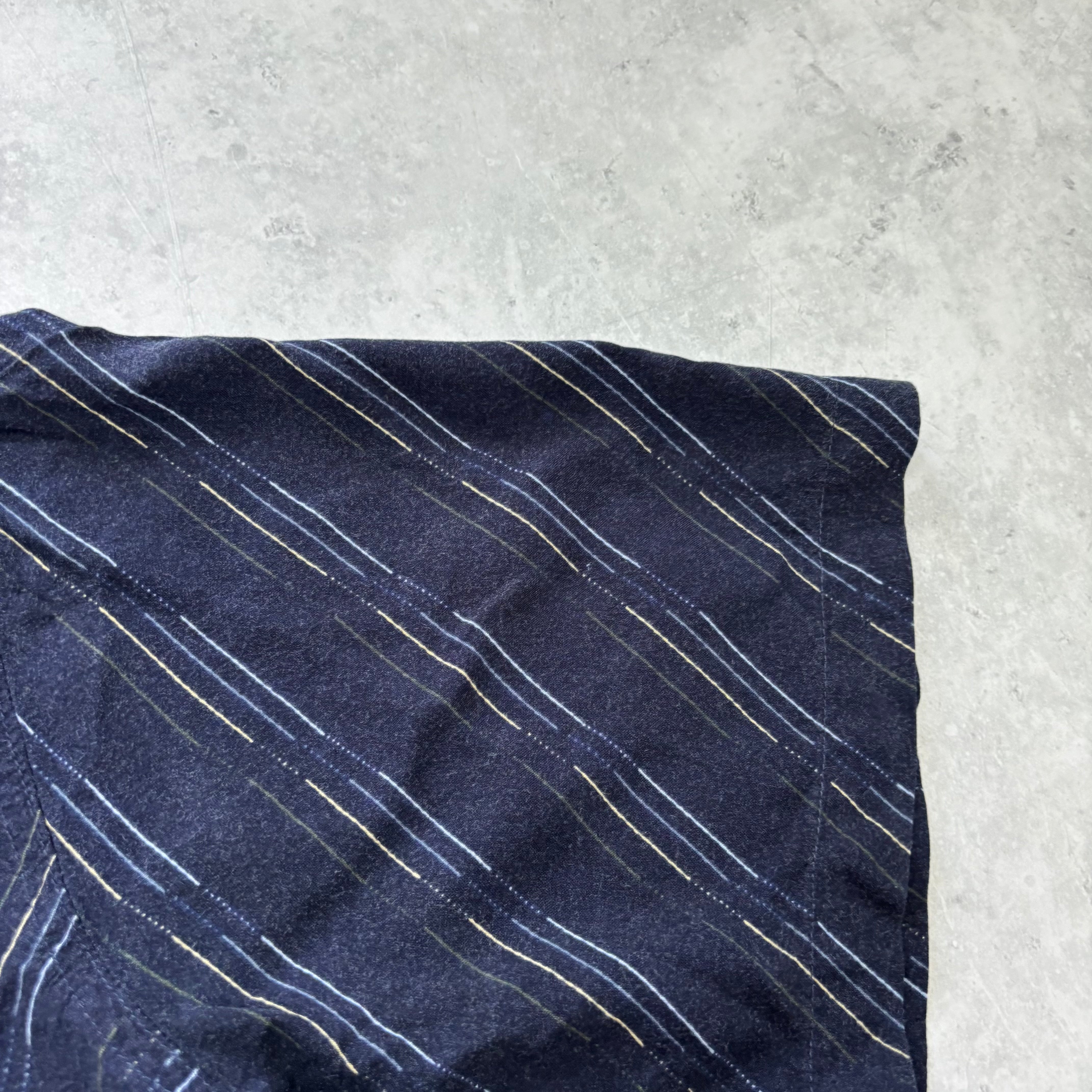 Vintage Shirt Mens Large Navy Blue Striped Short Sleeve Rayon