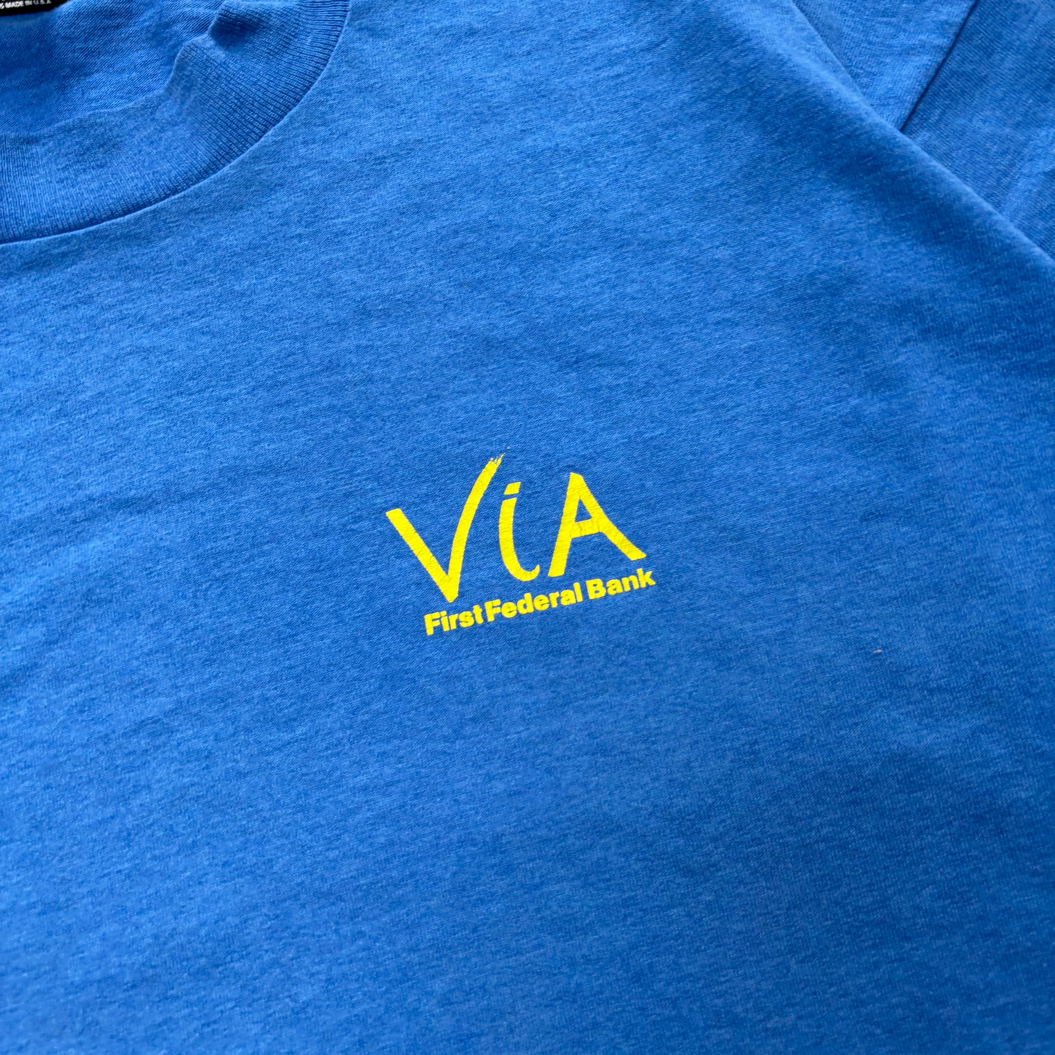Vintage T Shirt Mens XL Blue Single Stitch Graphic Print 90s USA Bank (E)