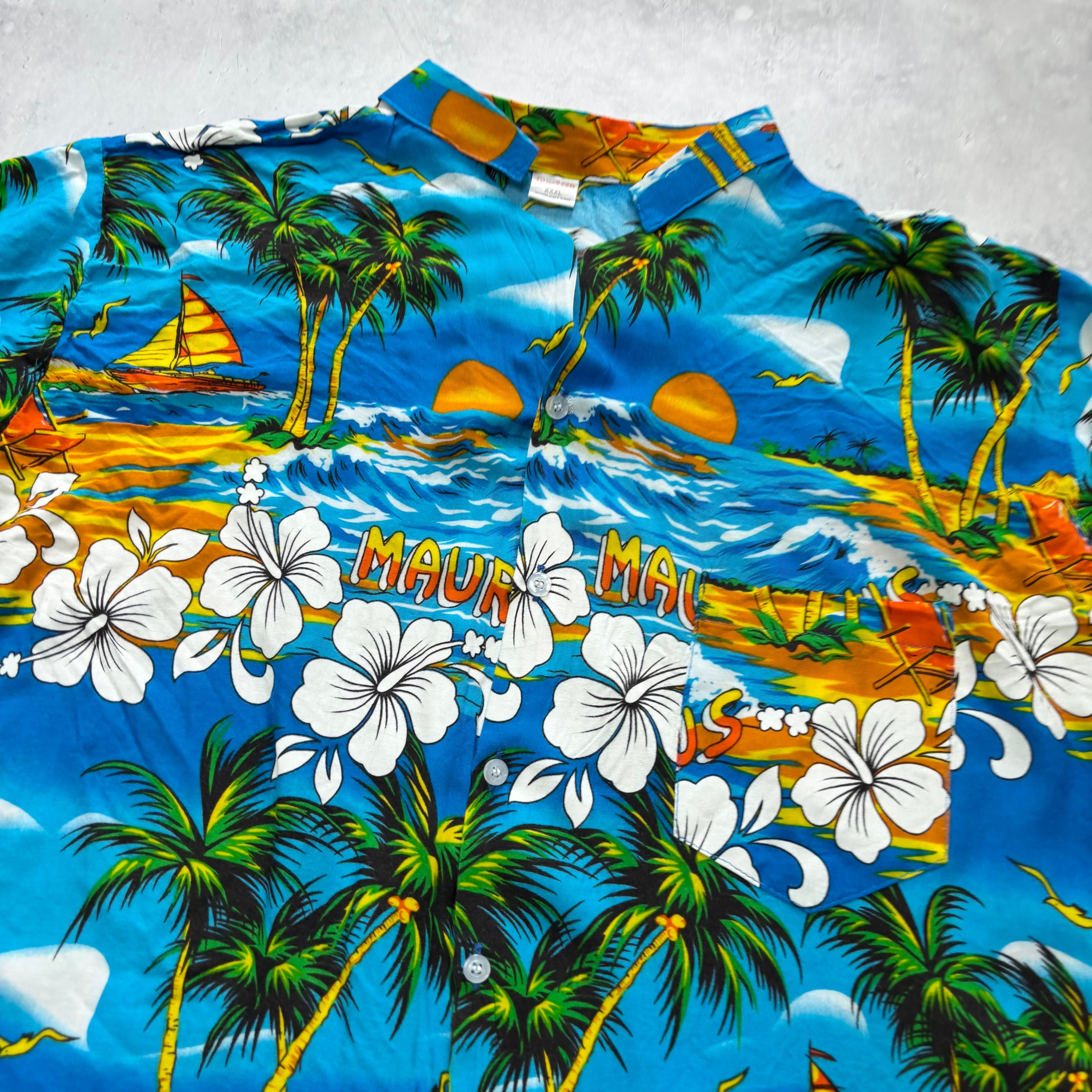 Hawaiian Shirt Mens Large Blue Floral Aloha Short Sleeve Cotton (E)
