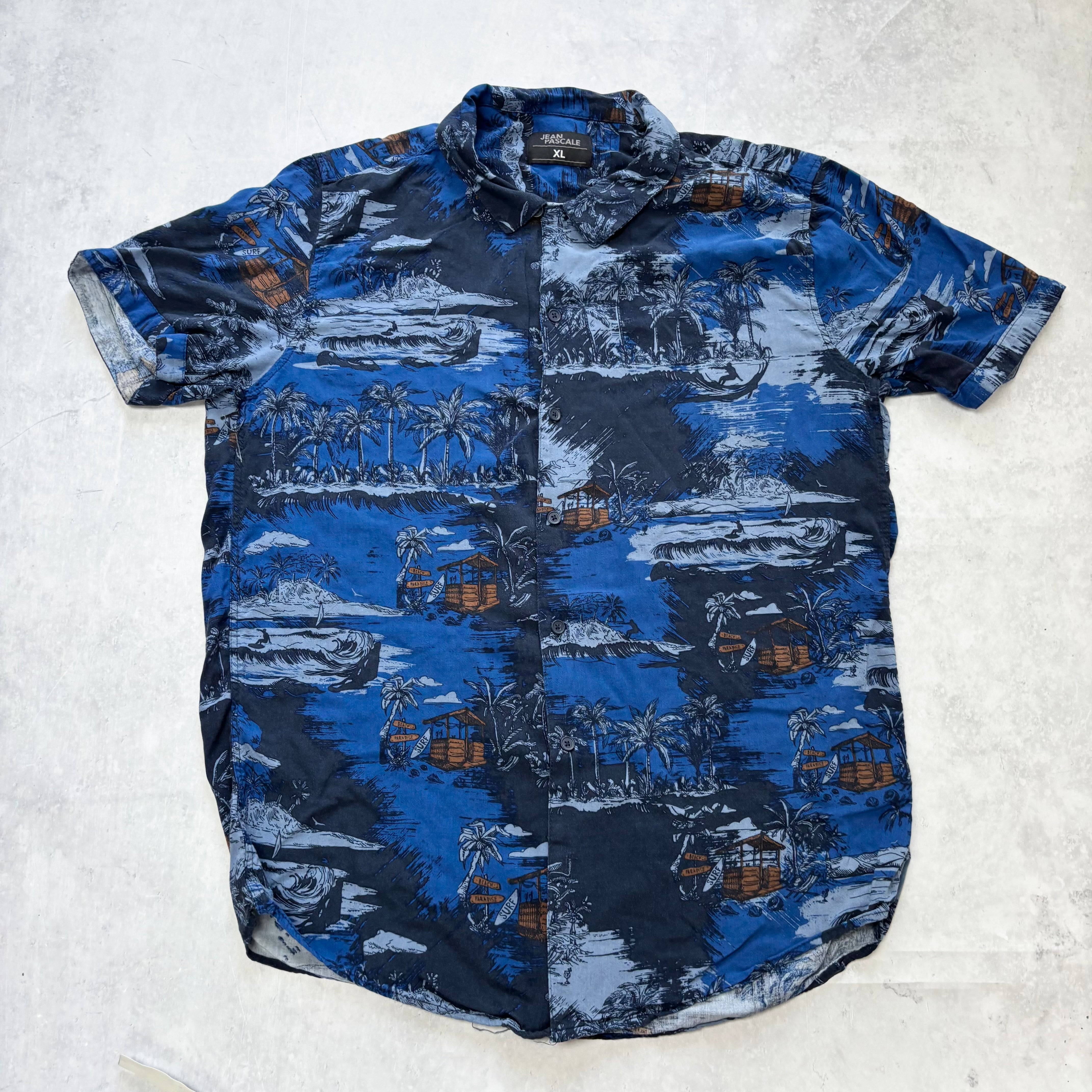 Hawaiian Shirt Mens XL Blue Floral Aloha Short Sleeve Slim Fit Viscose (E)