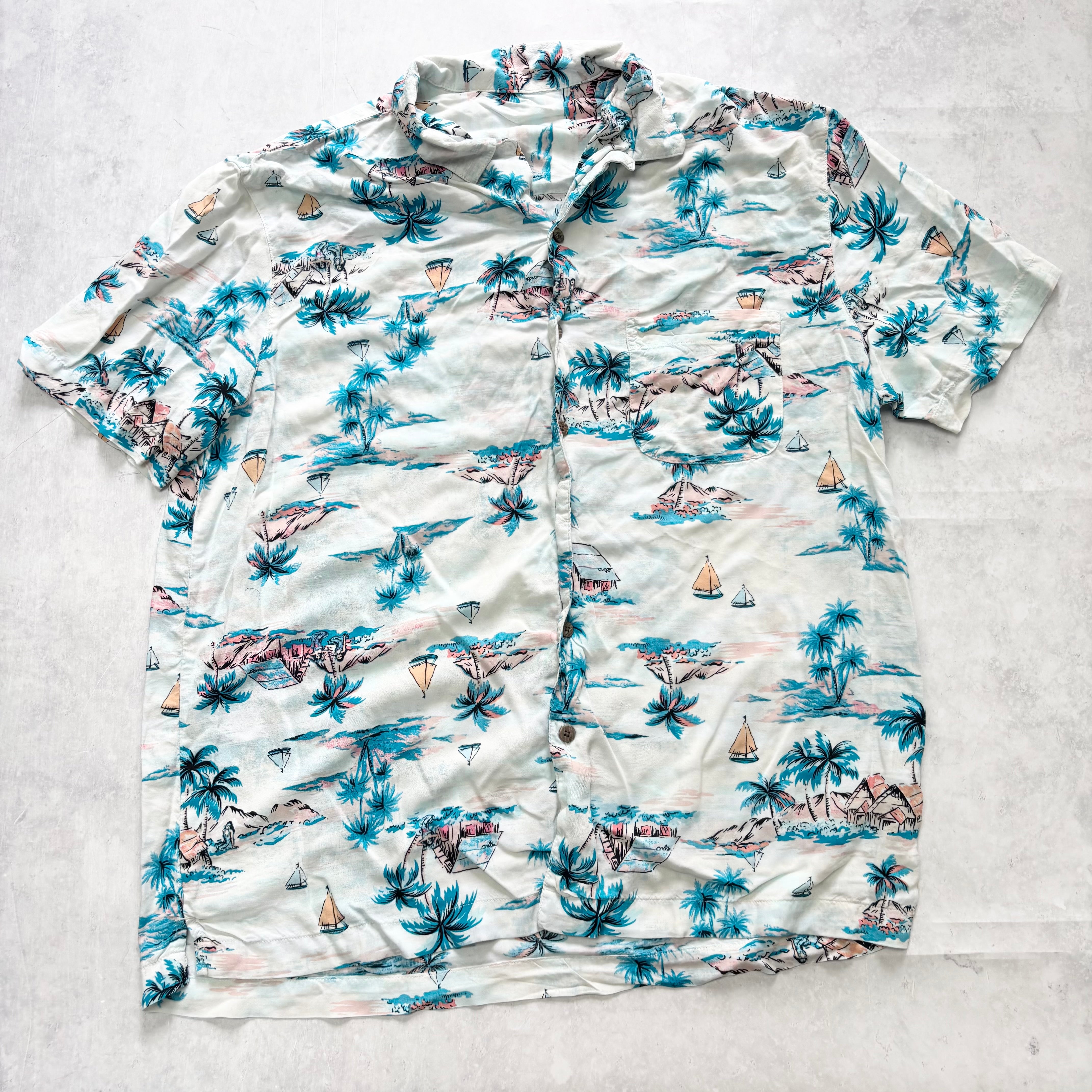 Hawaiian Shirt Mens Large White Floral Aloha Short Sleeve Rayon
