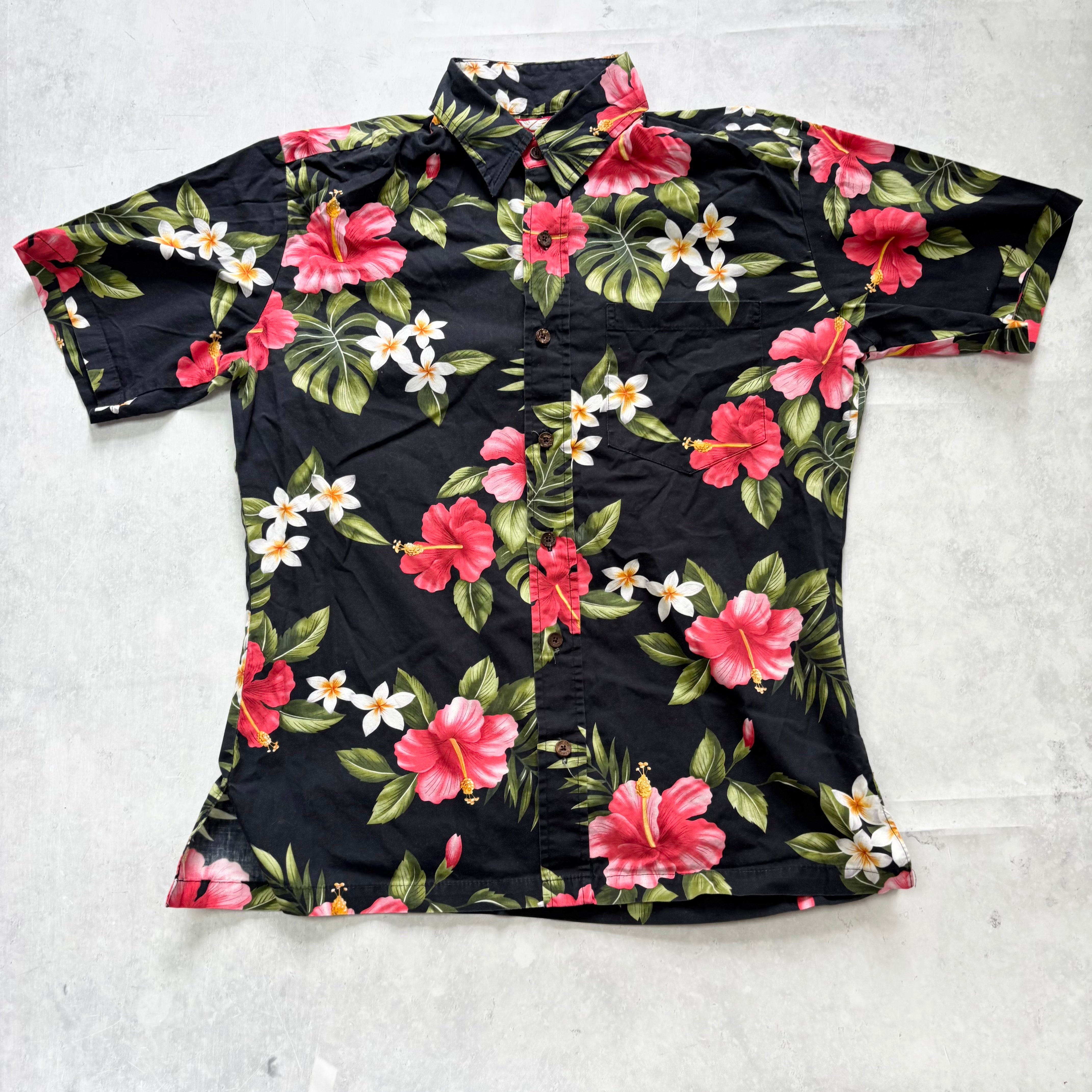 Vintage Hawaiian Shirt Womens Medium Black Floral Aloha Short Sleeve Cotton (E)