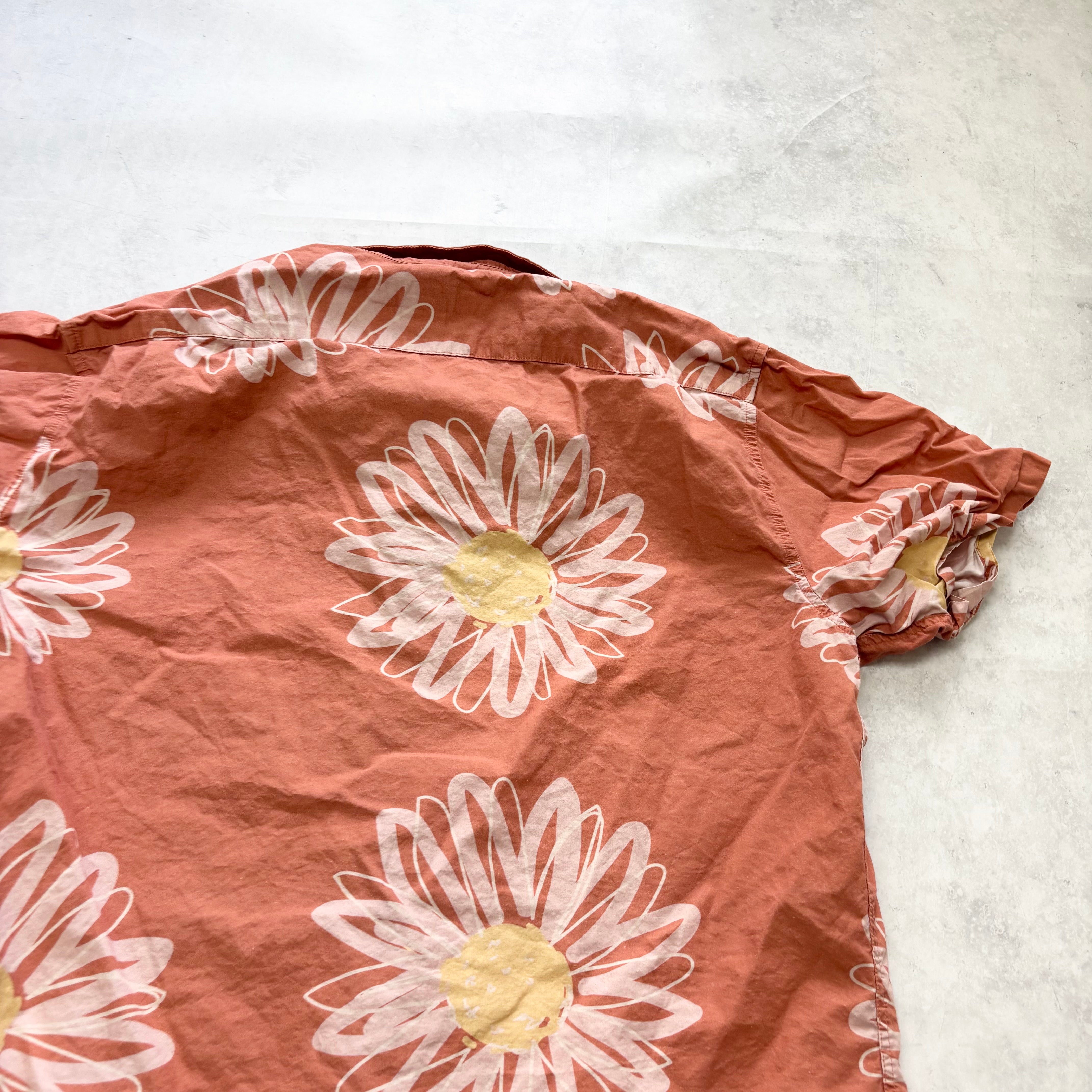 Hawaiian Shirt Mens Medium Orange Floral Aloha Short Sleeve Cotton (E)