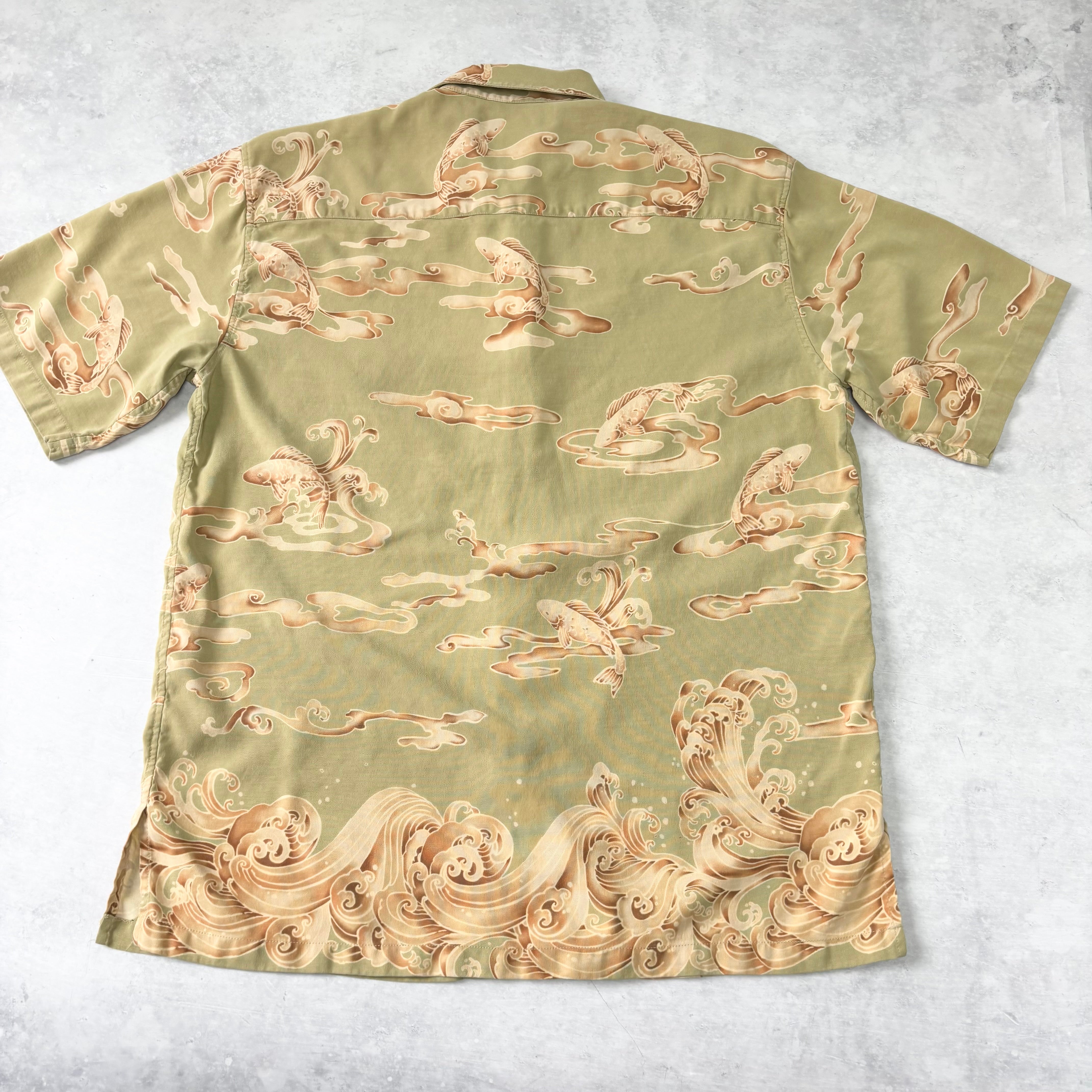 Vintage Hawaiian Shirt Mens Large Green Fish Aloha Short Sleeve Silk (E)