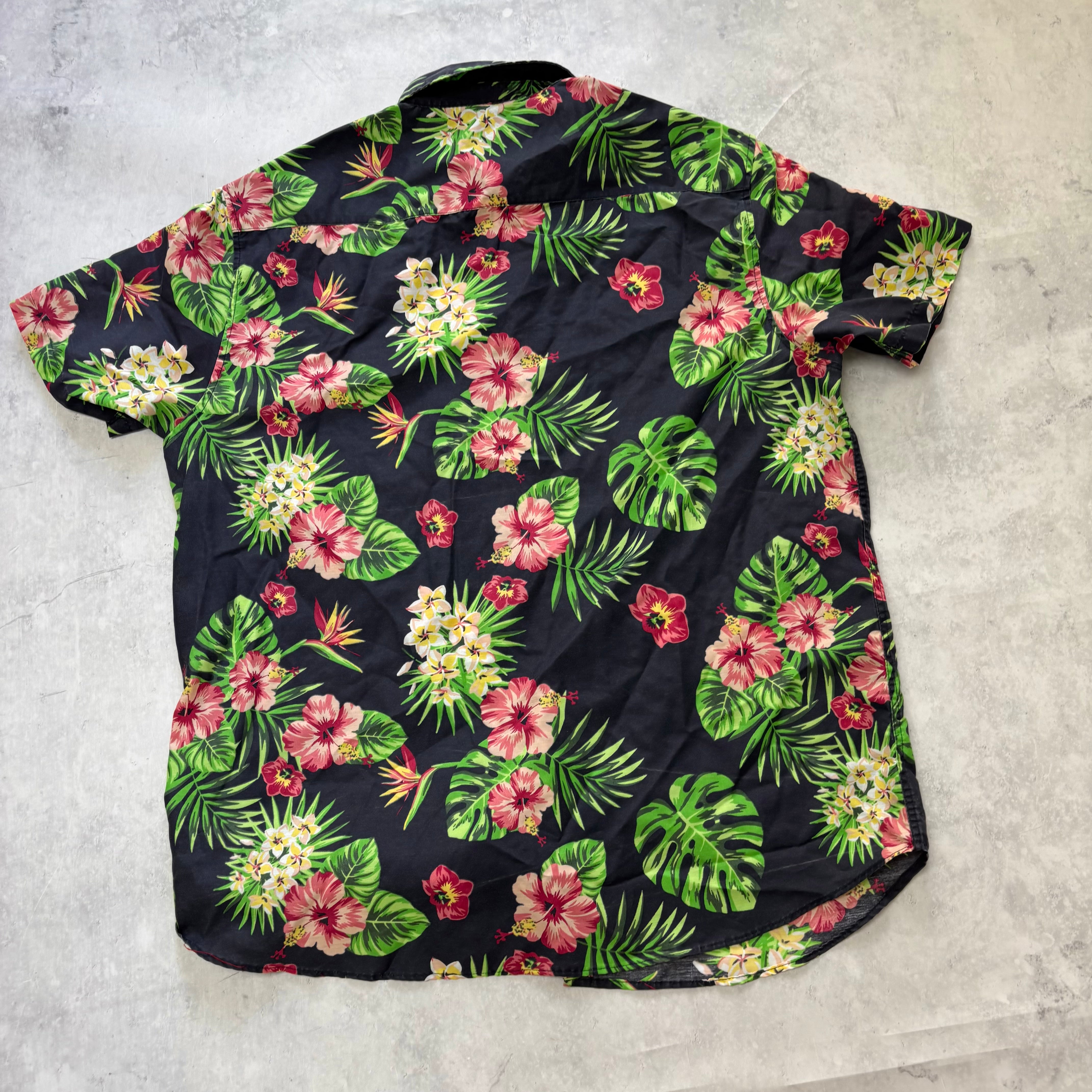 Hawaiian Shirt Mens XL Black Multi Floral Aloha Short Sleeve Slim Fit (E)