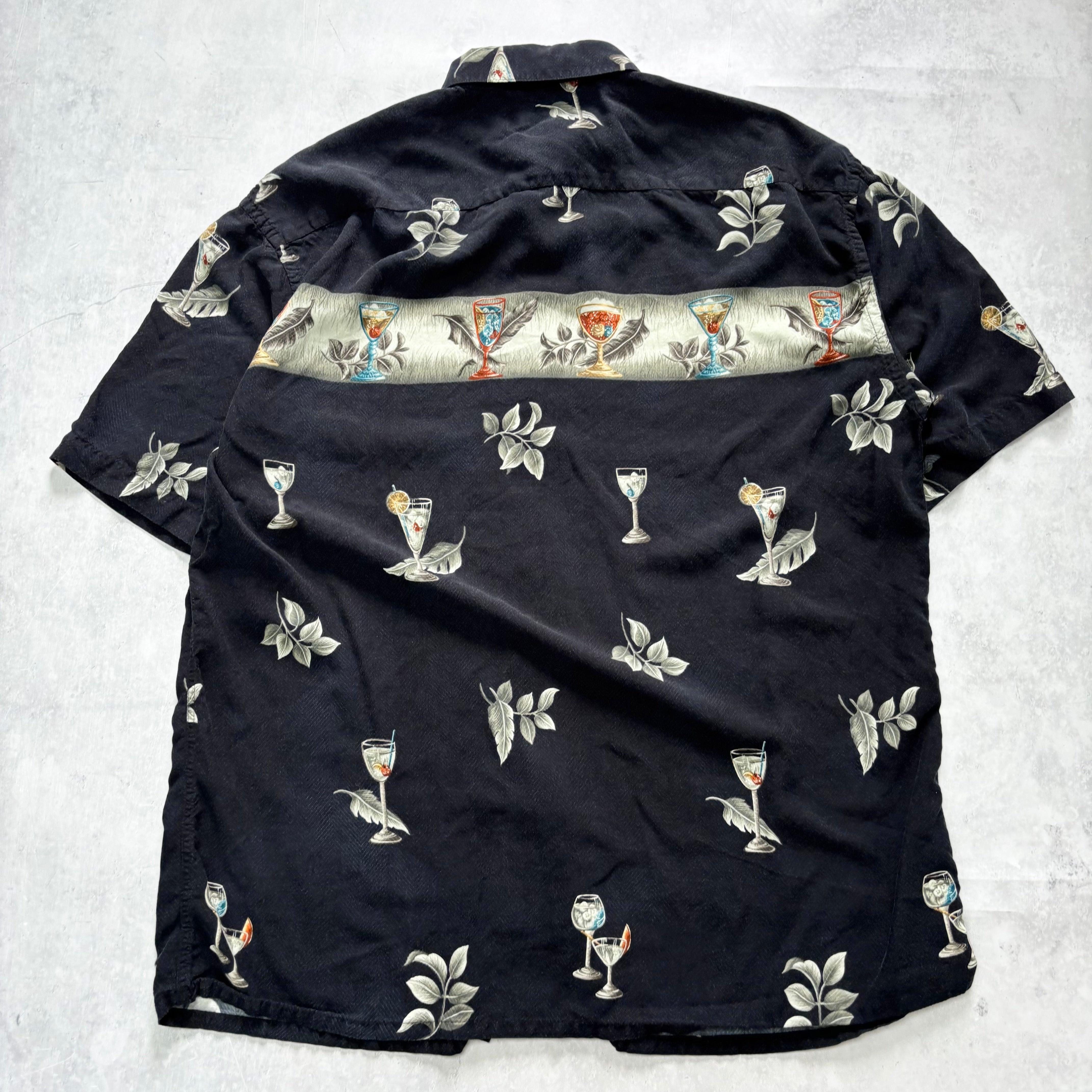 Vintage Hawaiian Shirt Mens Large Black Floral Aloha Short Sleeve Rayon