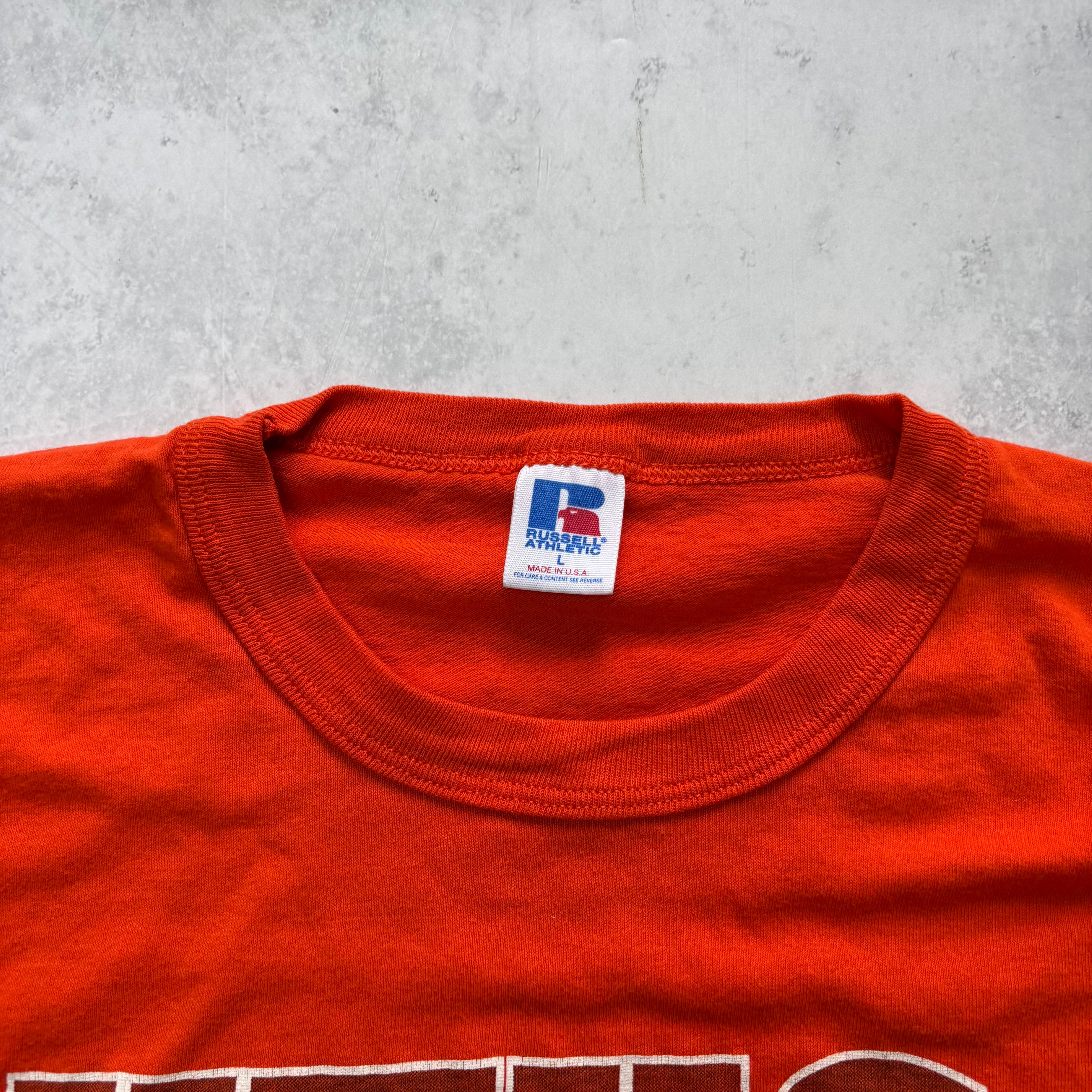 Vintage T Shirt Mens Medium Orange Graphic Print 90s USA College (E)