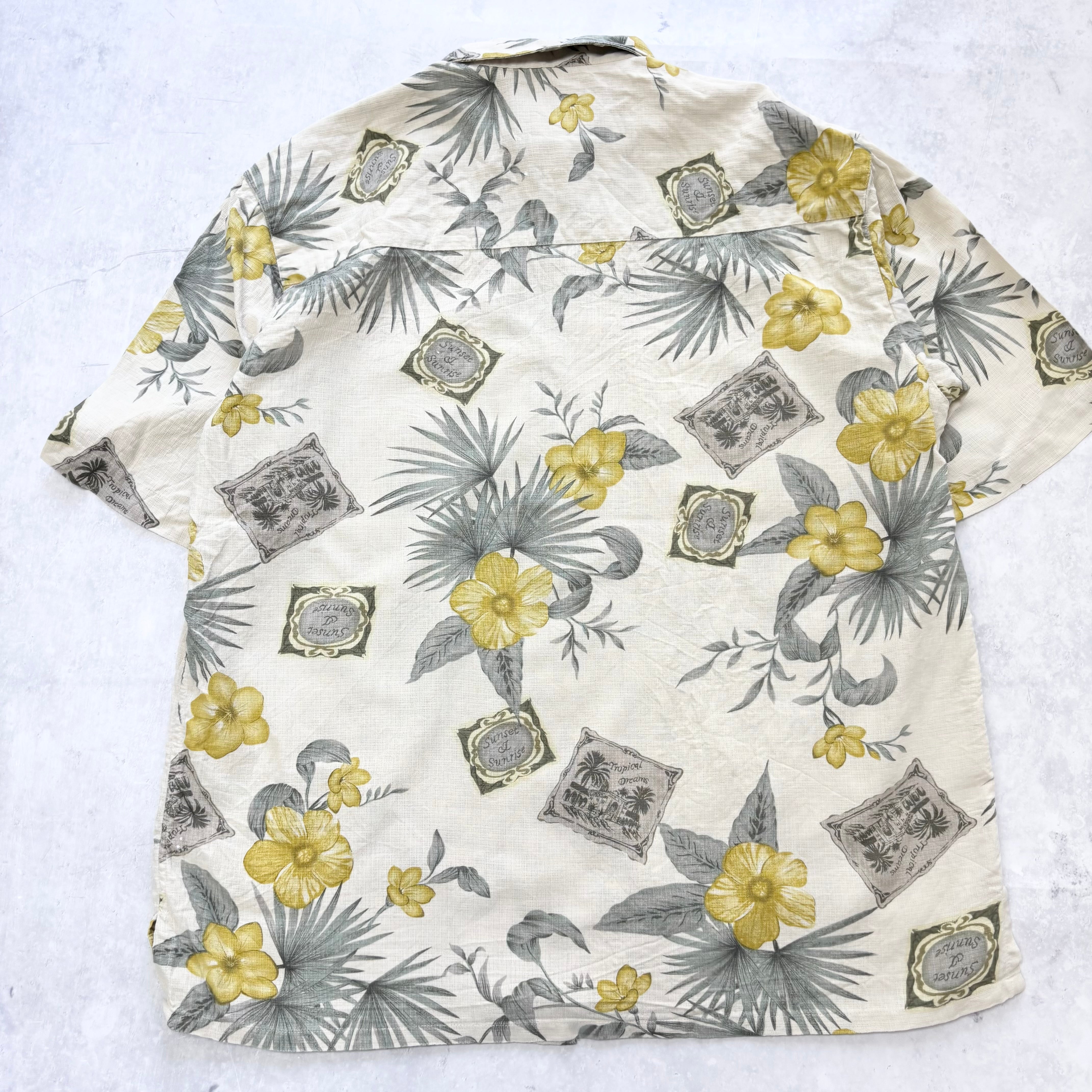 Vintage Hawaiian Shirt Mens Large Yellow Silk Floral Aloha Short Sleeve (E)