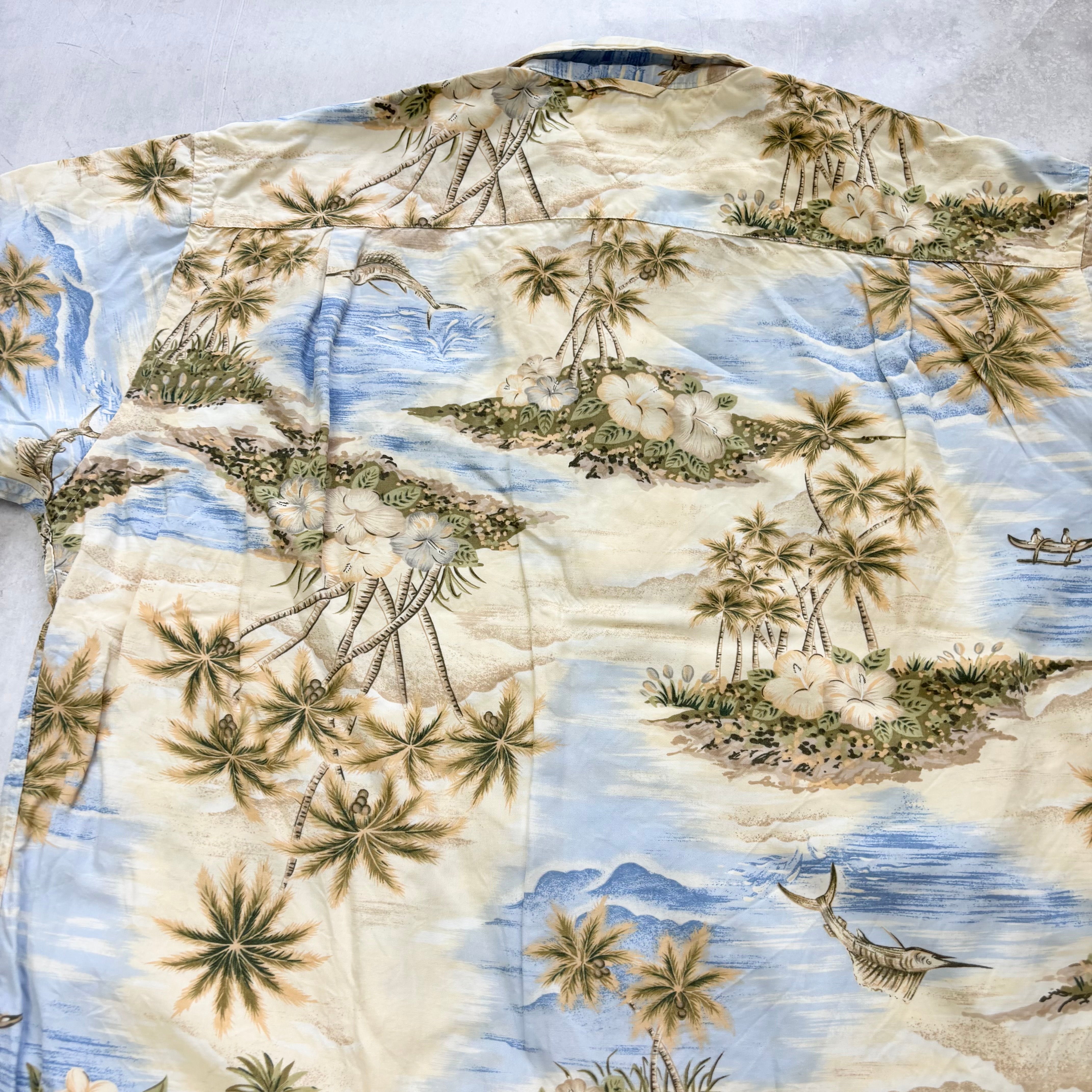 Vintage Tommy Hilfiger Hawaiian Shirt Mens Large Beige Aloha Rayon 90s (E)