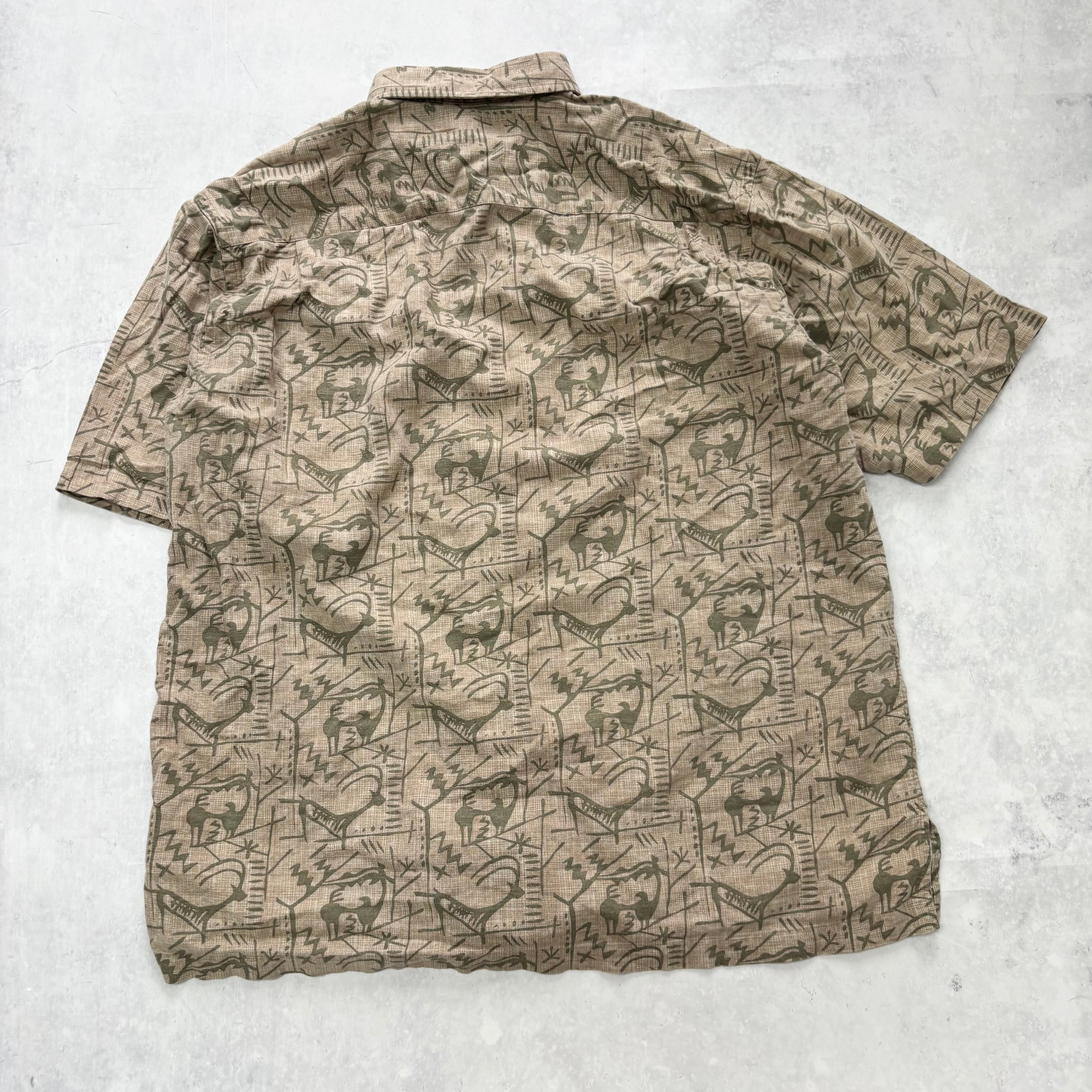 Vintage Shirt Mens Large Brown Outdoors Patterned Short Sleeve Linen (E)