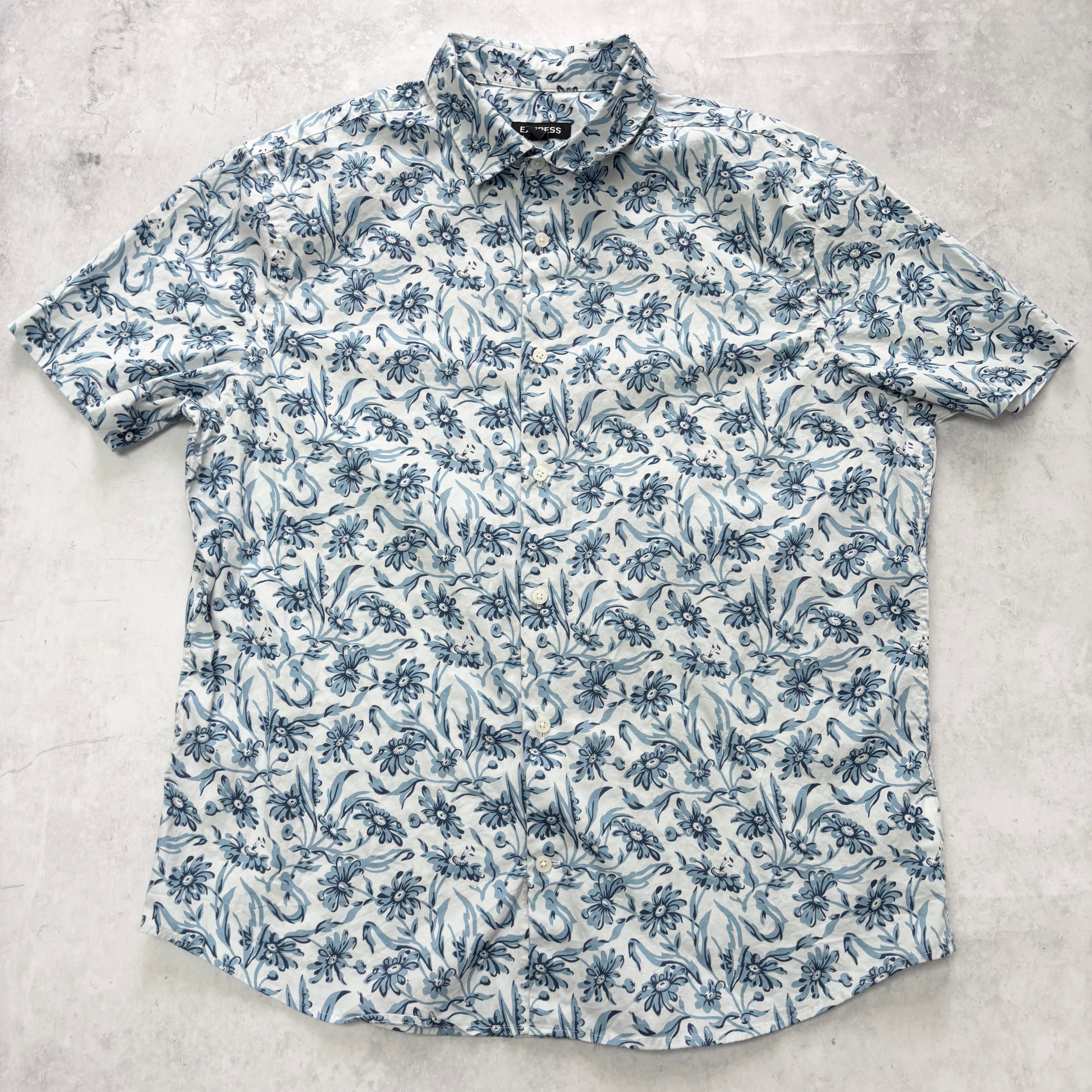 Hawaiian Shirt Mens Large Blue Floral Aloha Short Sleeve Cotton Regular Fit (E)