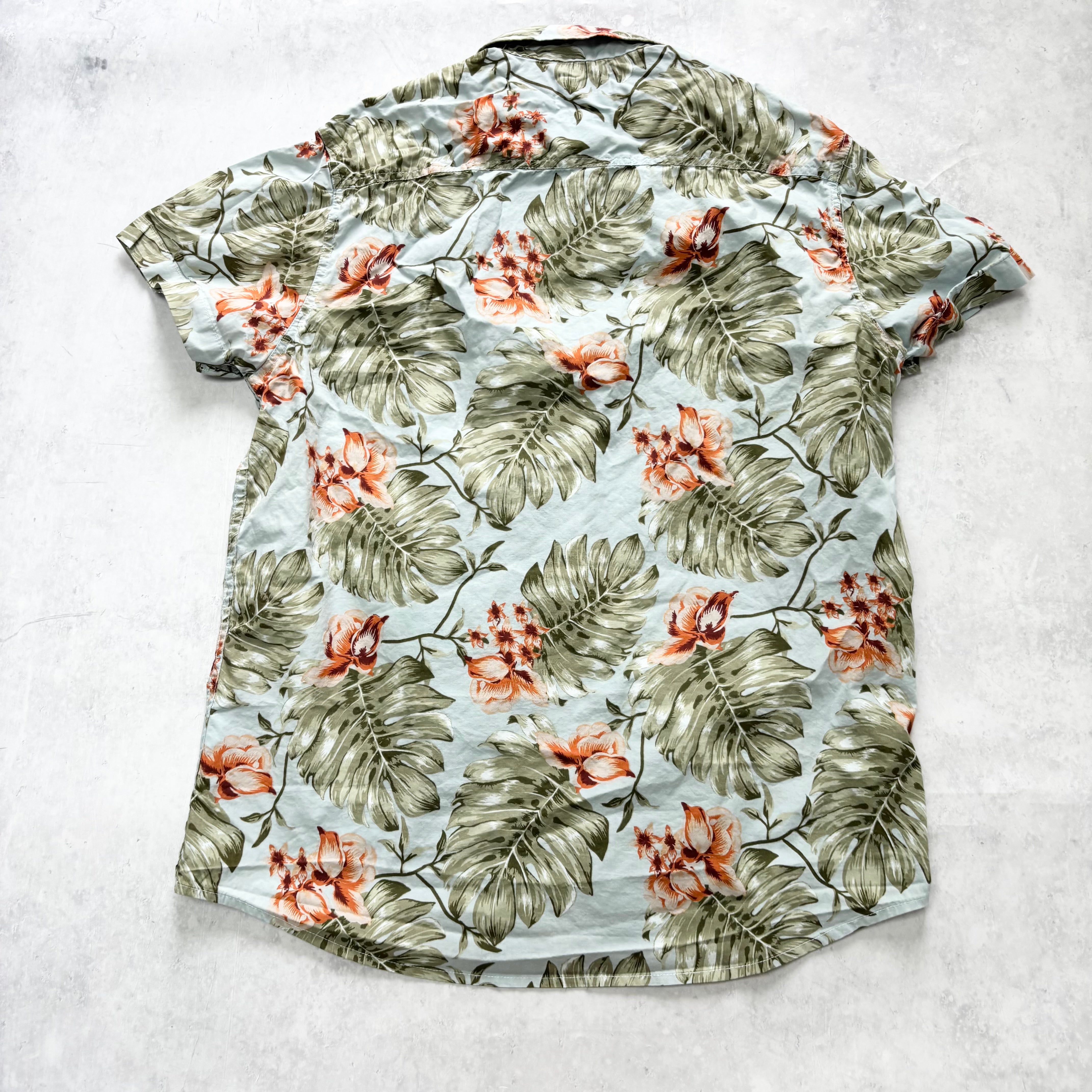 Hawaiian Shirt Womens Large Blue Floral Aloha Short Sleeve Cotton (E)