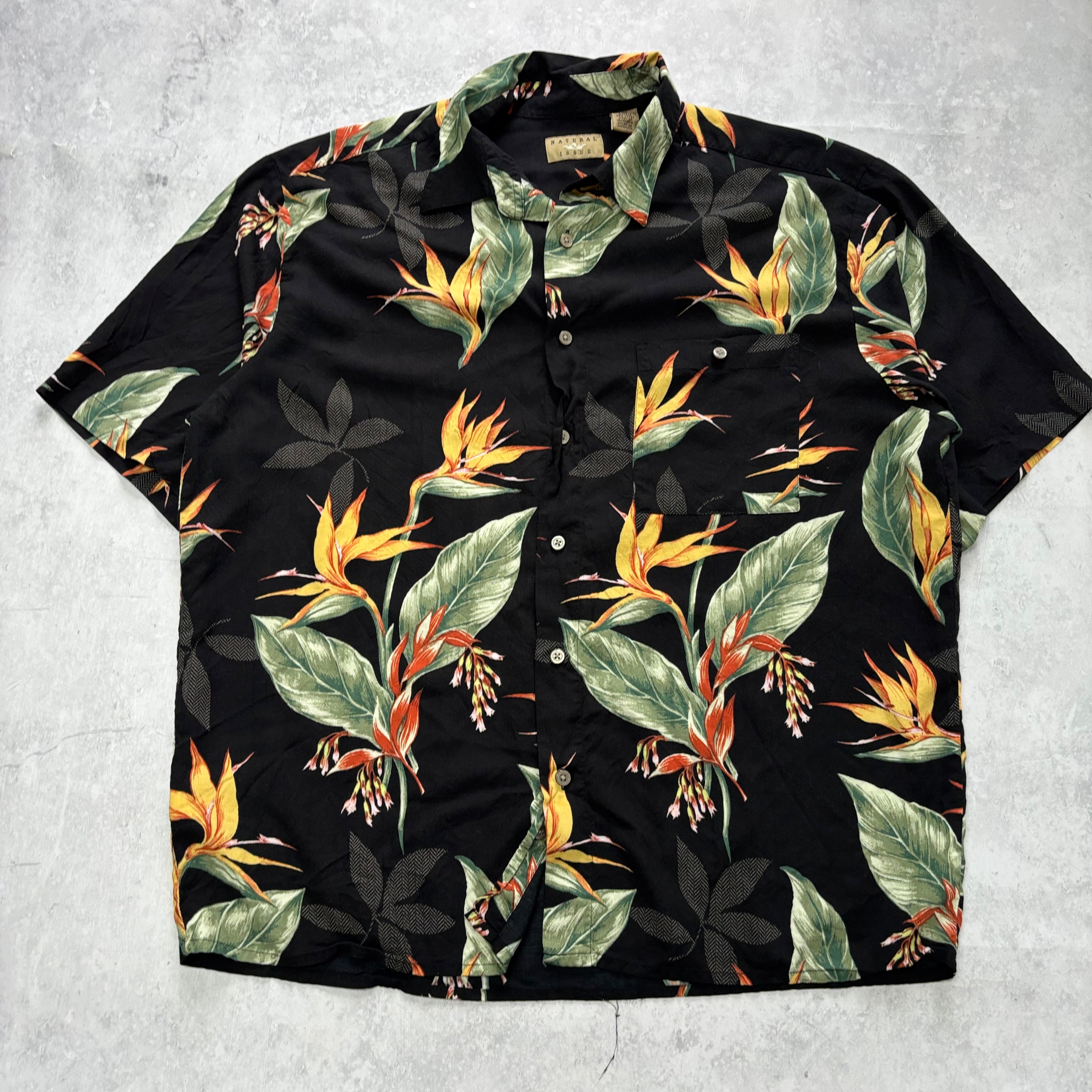 Vintage Hawaiian Shirt Mens Large Black Floral Aloha Short Sleeve Rayon (E)