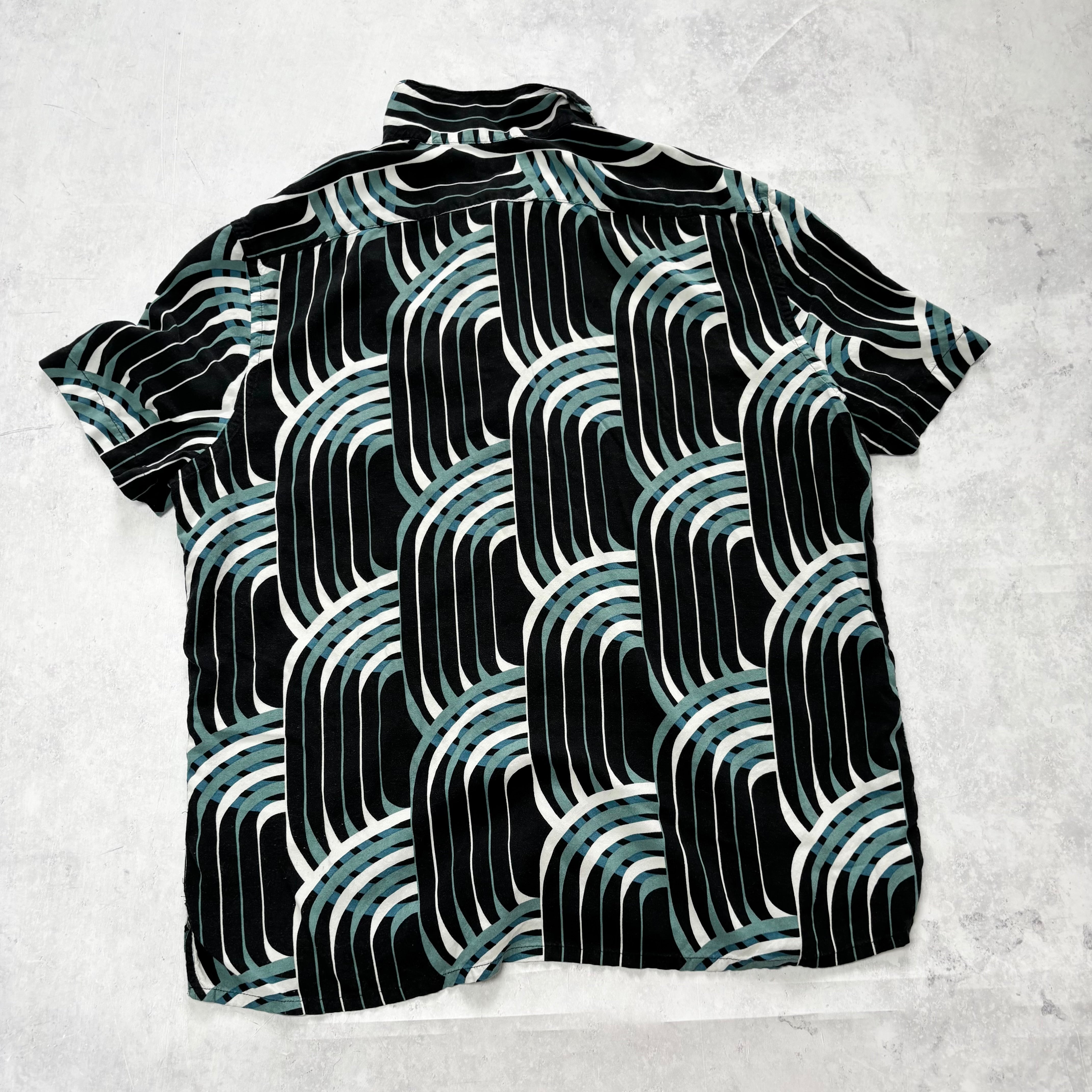 Express Shirt Mens Large Black Abstract Funky Short Sleeve Rayon (E)