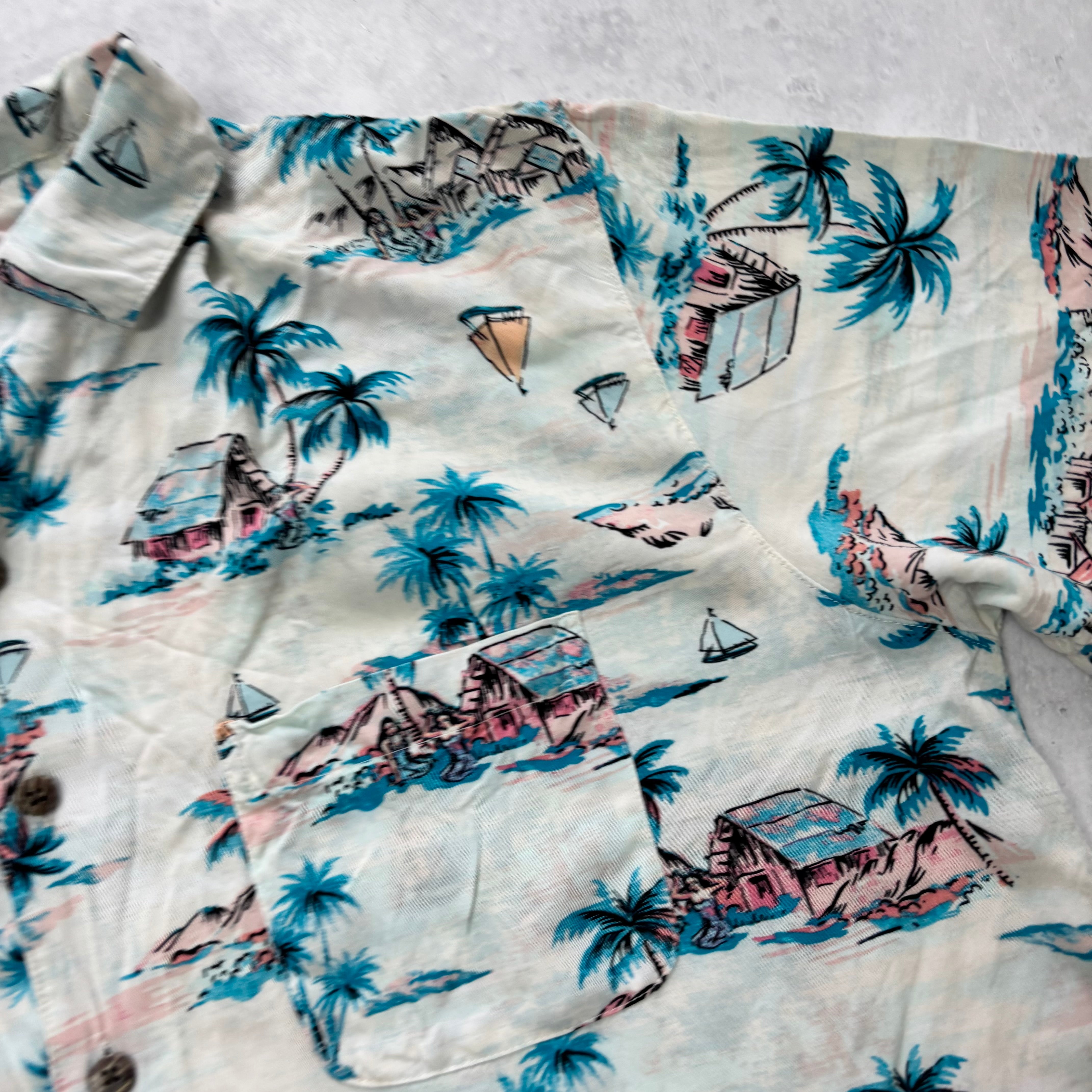 Hawaiian Shirt Mens Large White Floral Aloha Short Sleeve Rayon (E)