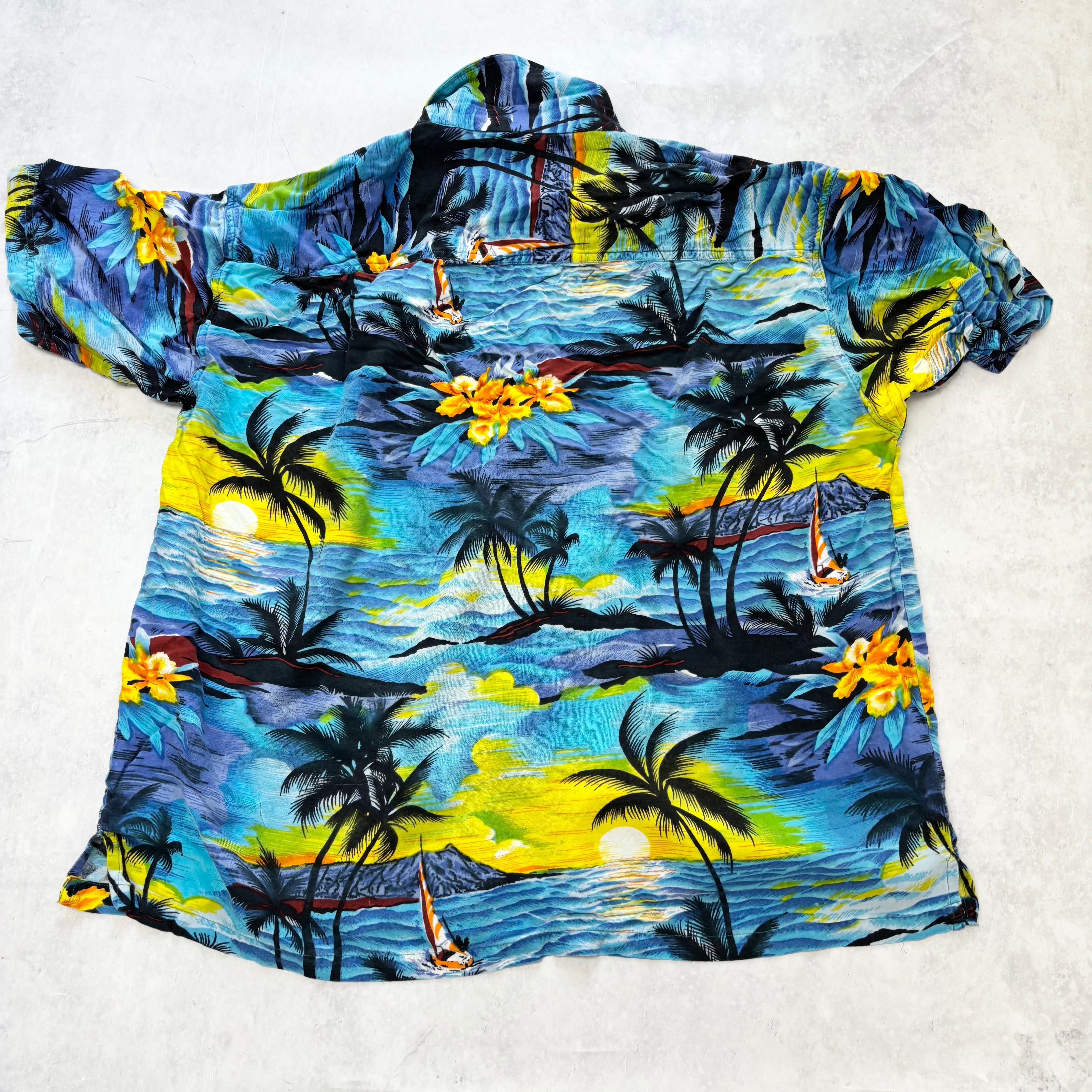 Vintage Hawaiian Shirt Mens Large Blue Floral Aloha Short Sleeve Viscose (E)