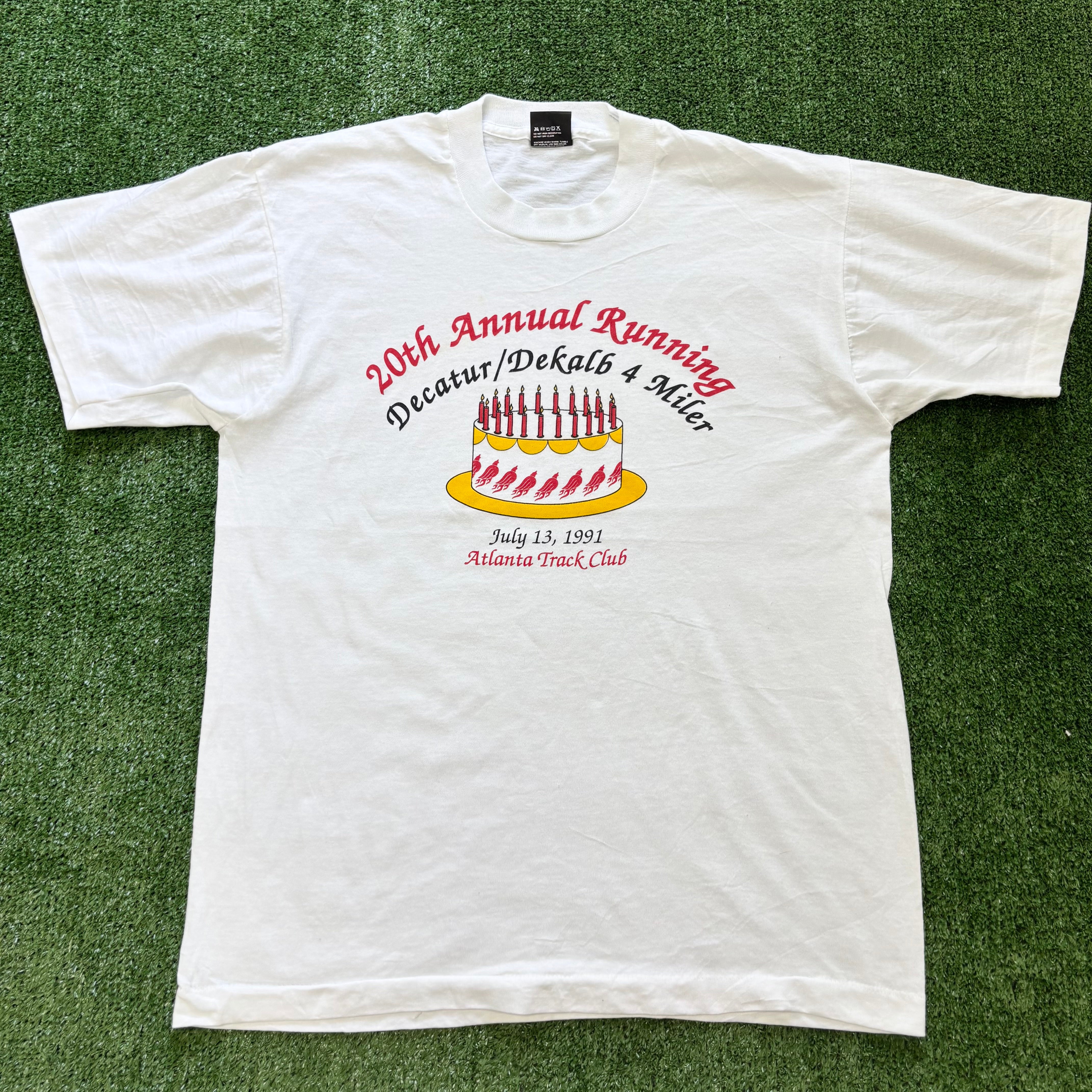 Vintage T Shirt Mens Medium White Single Stitch Graphic Print 90s Run (E)