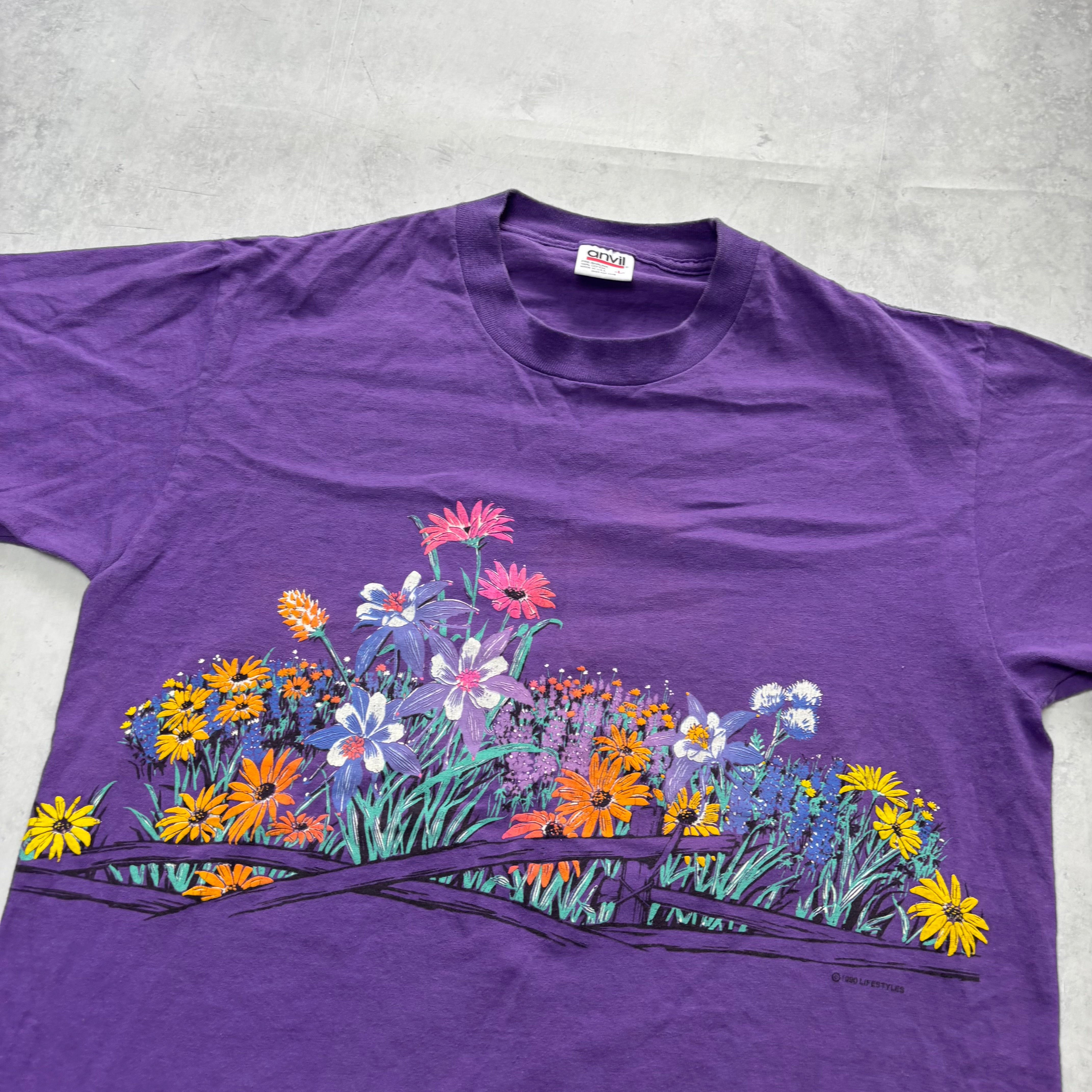 Vintage T Shirt Mens Medium Purple Single Stitch Graphic Print 90s Flowers (E)