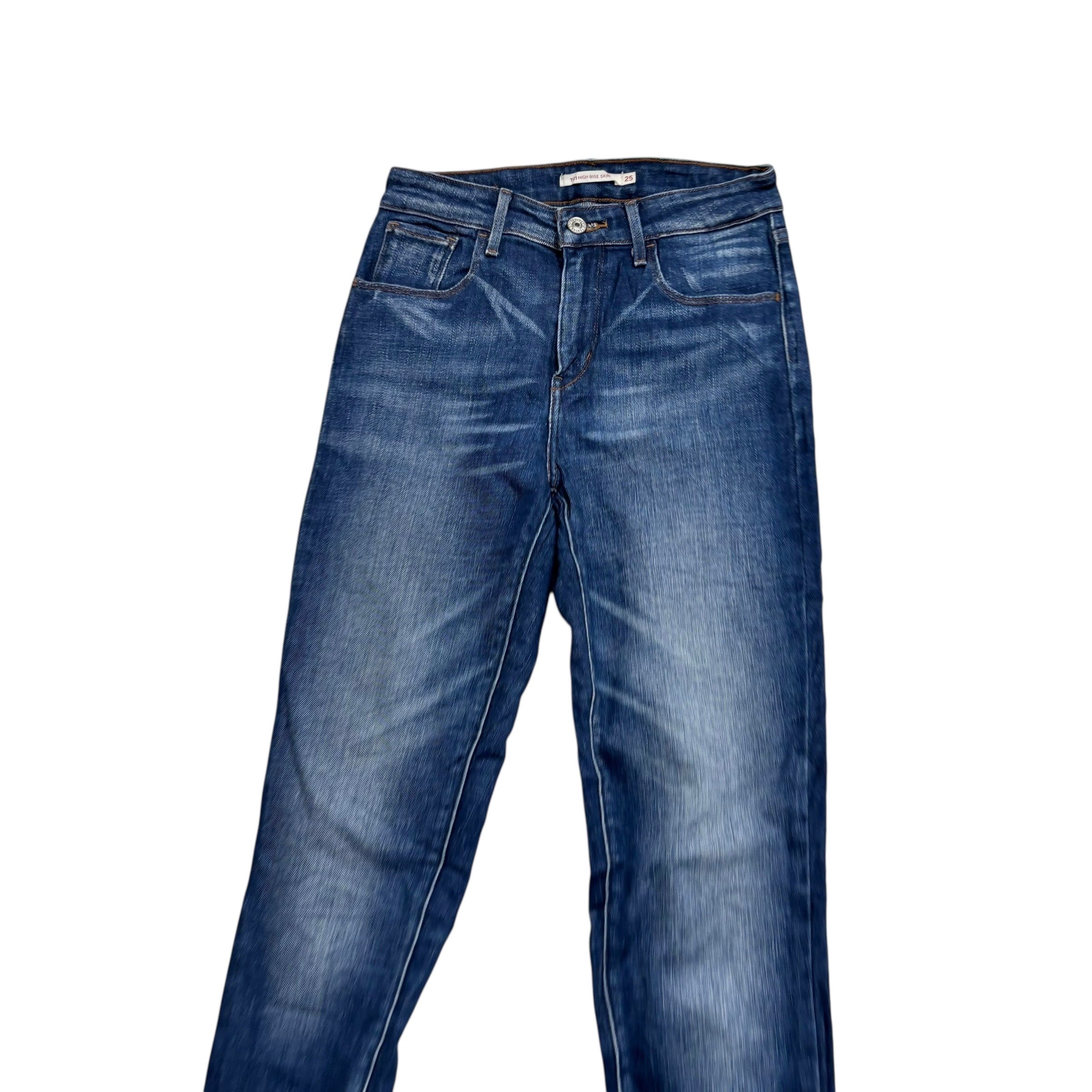Levis 721 Jeans W25 L32 Womens High Rise Skinny Dark Blue Stretch Denim (E)
