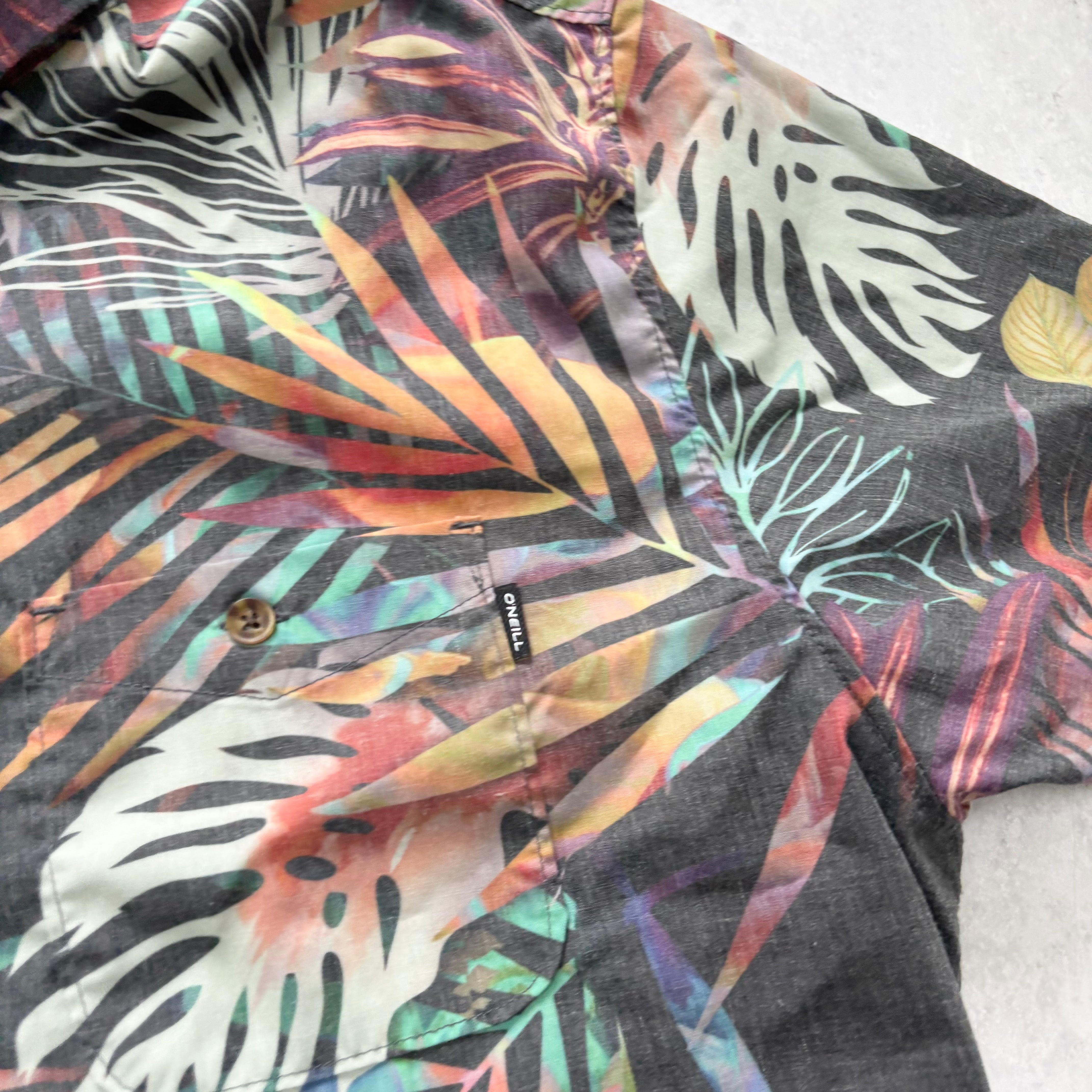 O'Neill Hawaiian Shirt Mens XL Grey Floral Aloha Short Sleeve Polyester Surf (E)