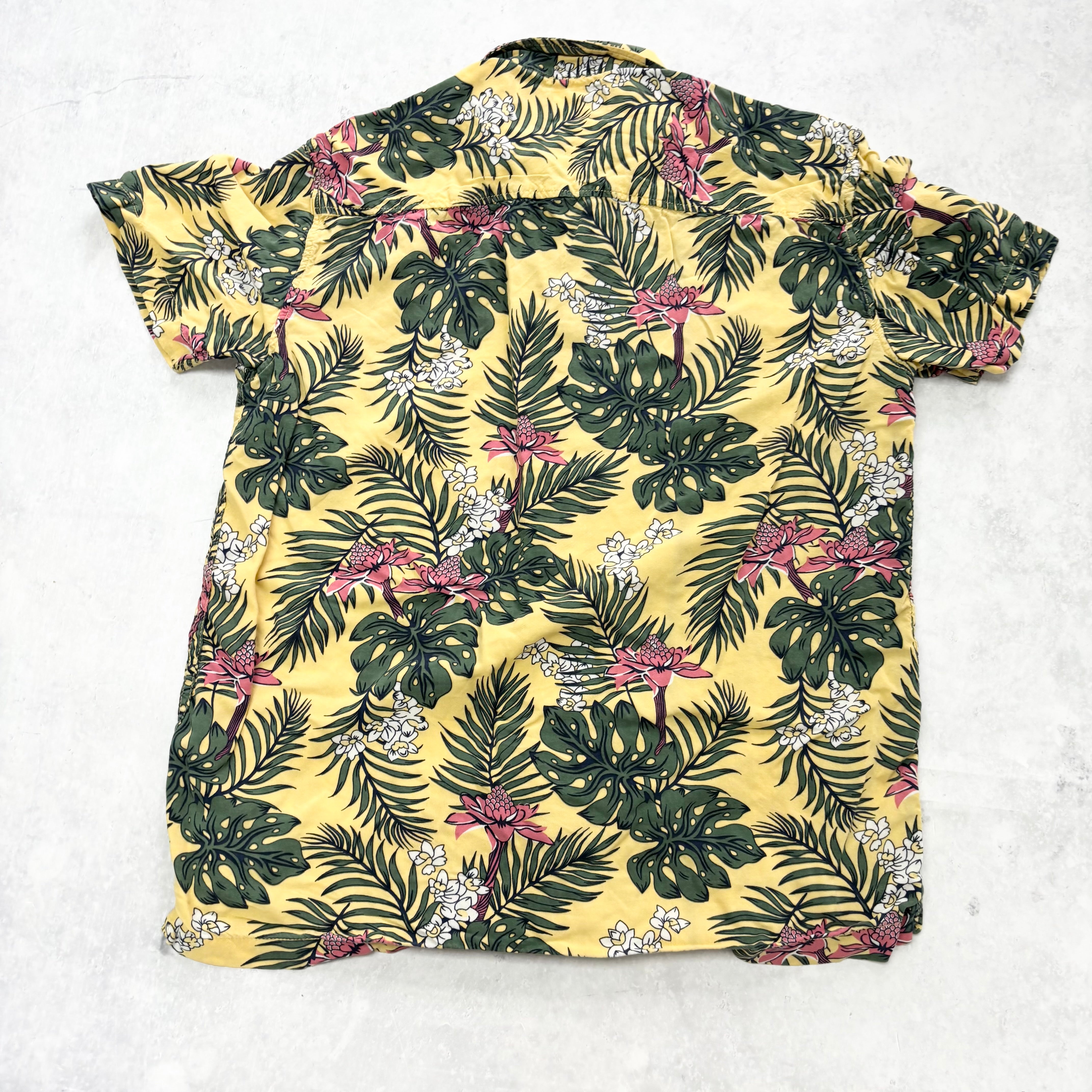 Hawaiian Shirt Mens Small Yellow Floral Aloha Short Sleeve Viscose (E)