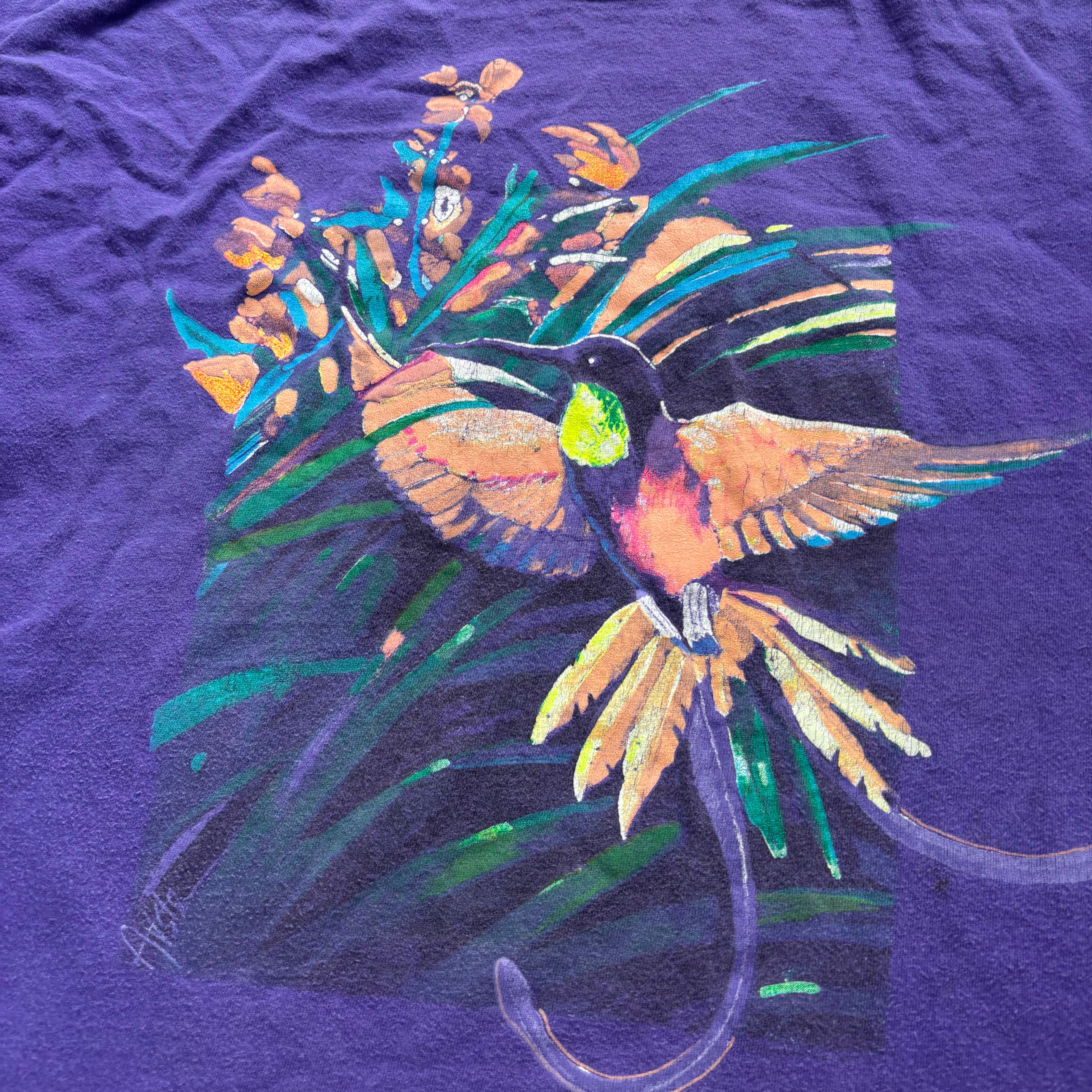 Vintage T Shirt Mens XL Purple Single Stitch Graphic Print 90s Flowers Birds