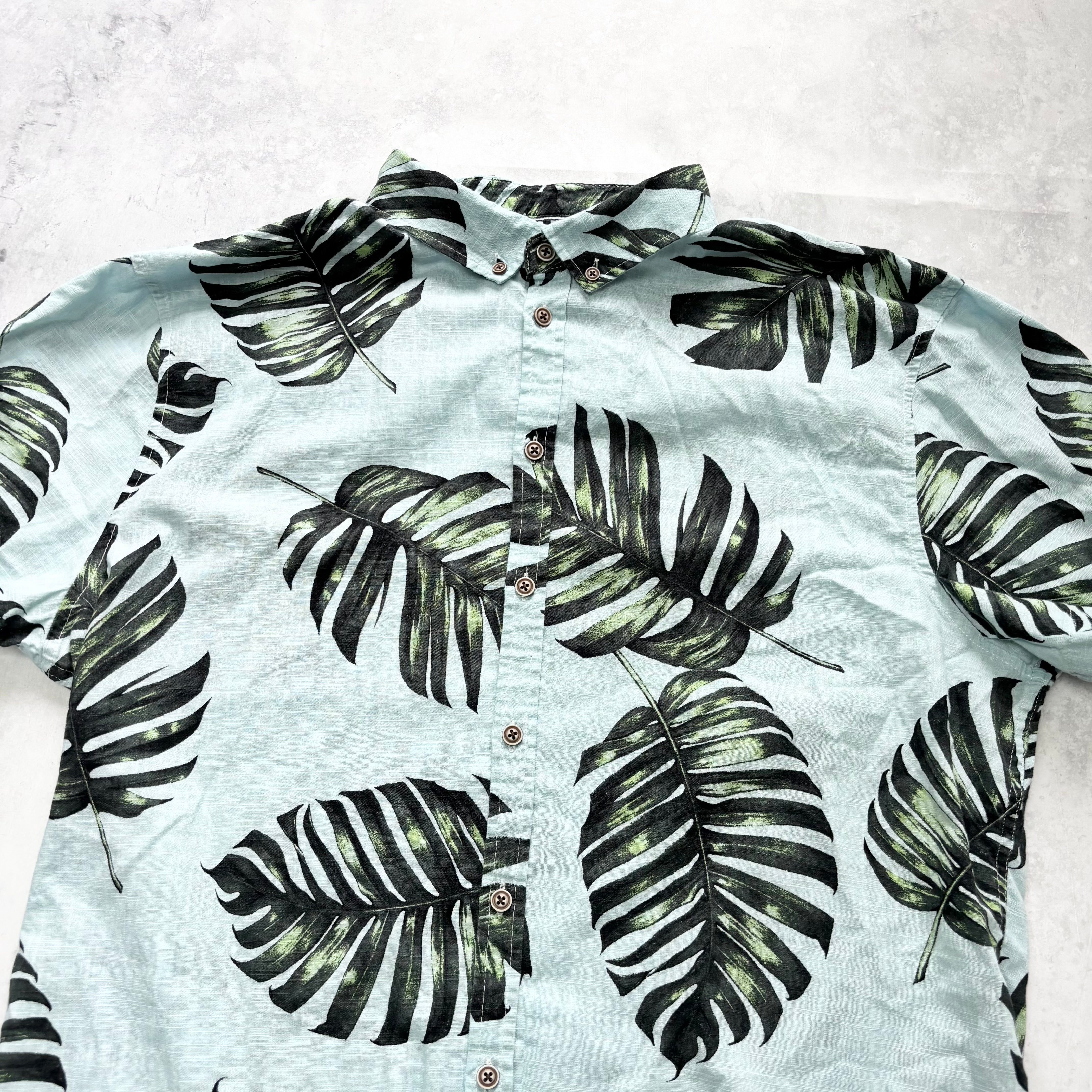 Hawaiian Shirt Mens XL Blue Floral Aloha Short Sleeve Cotton Slim Fit (E)