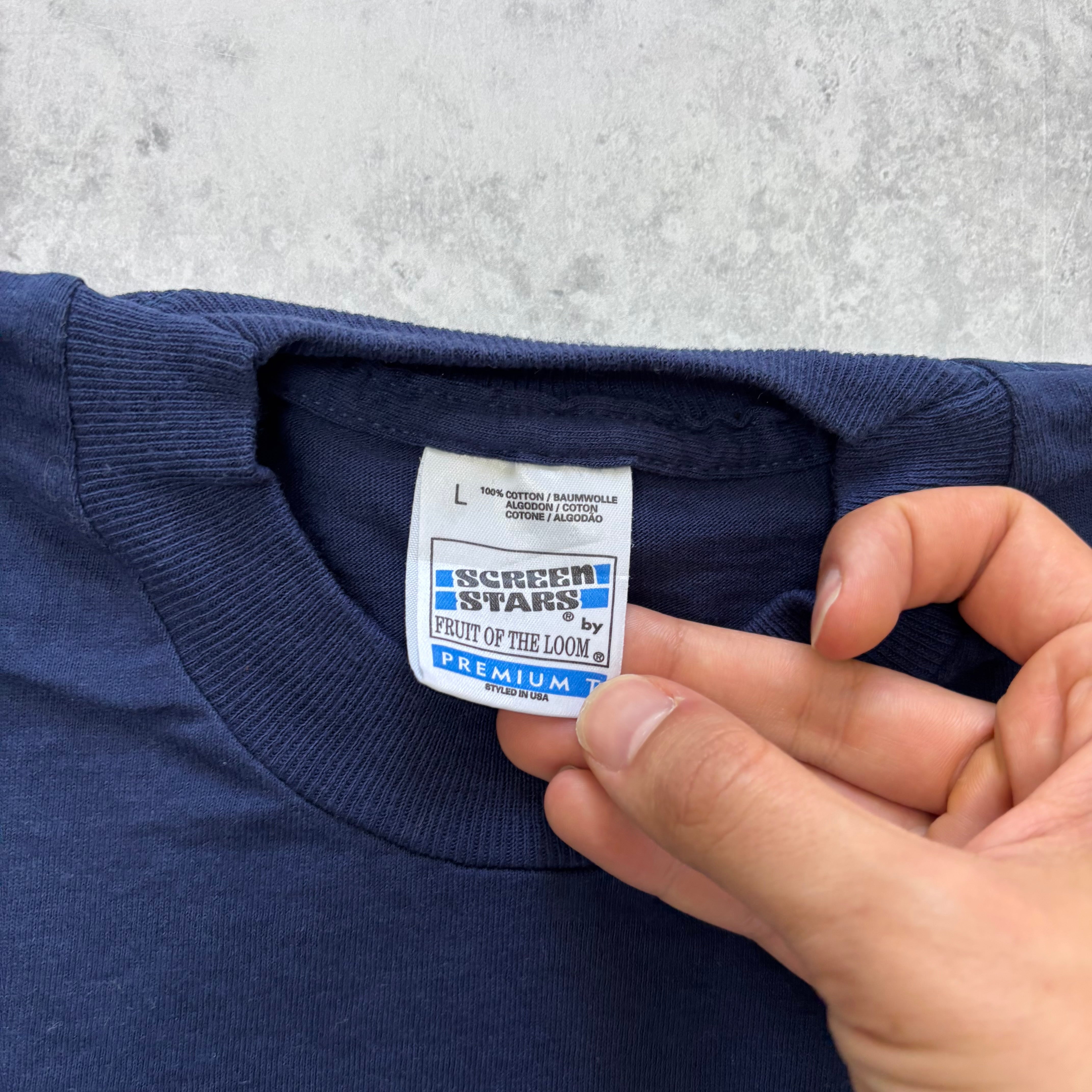 Vintage T Shirt Mens Medium Navy Blue Single Stitch Graphic Print 90s (E)