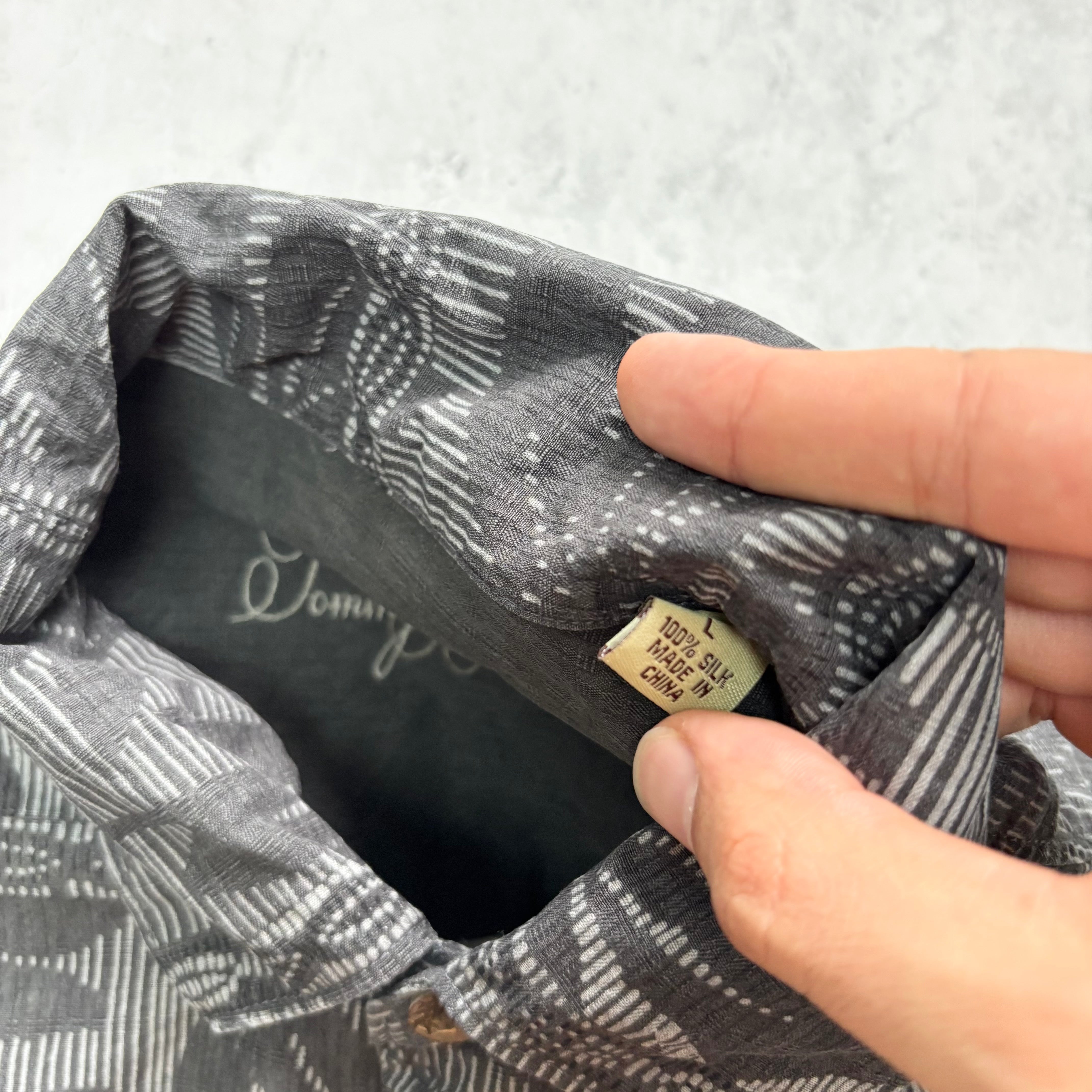 Vintage Hawaiian Shirt Mens Large Grey Silk Floral Aloha Short Sleeve (E)