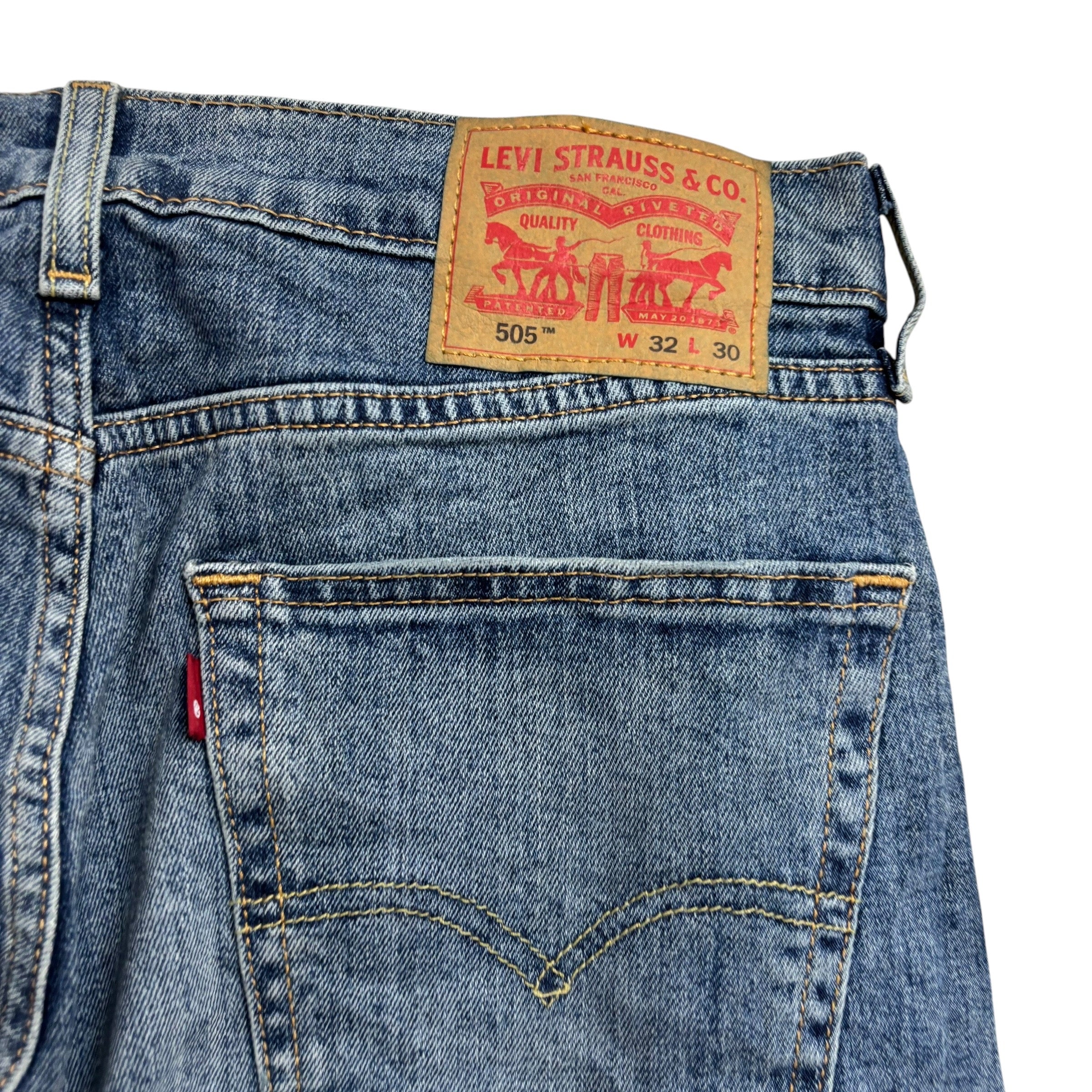 Levis 505 Jeans W32 L30 Mens Mid Blue Regular Straight Fit Stretch Denim (E)