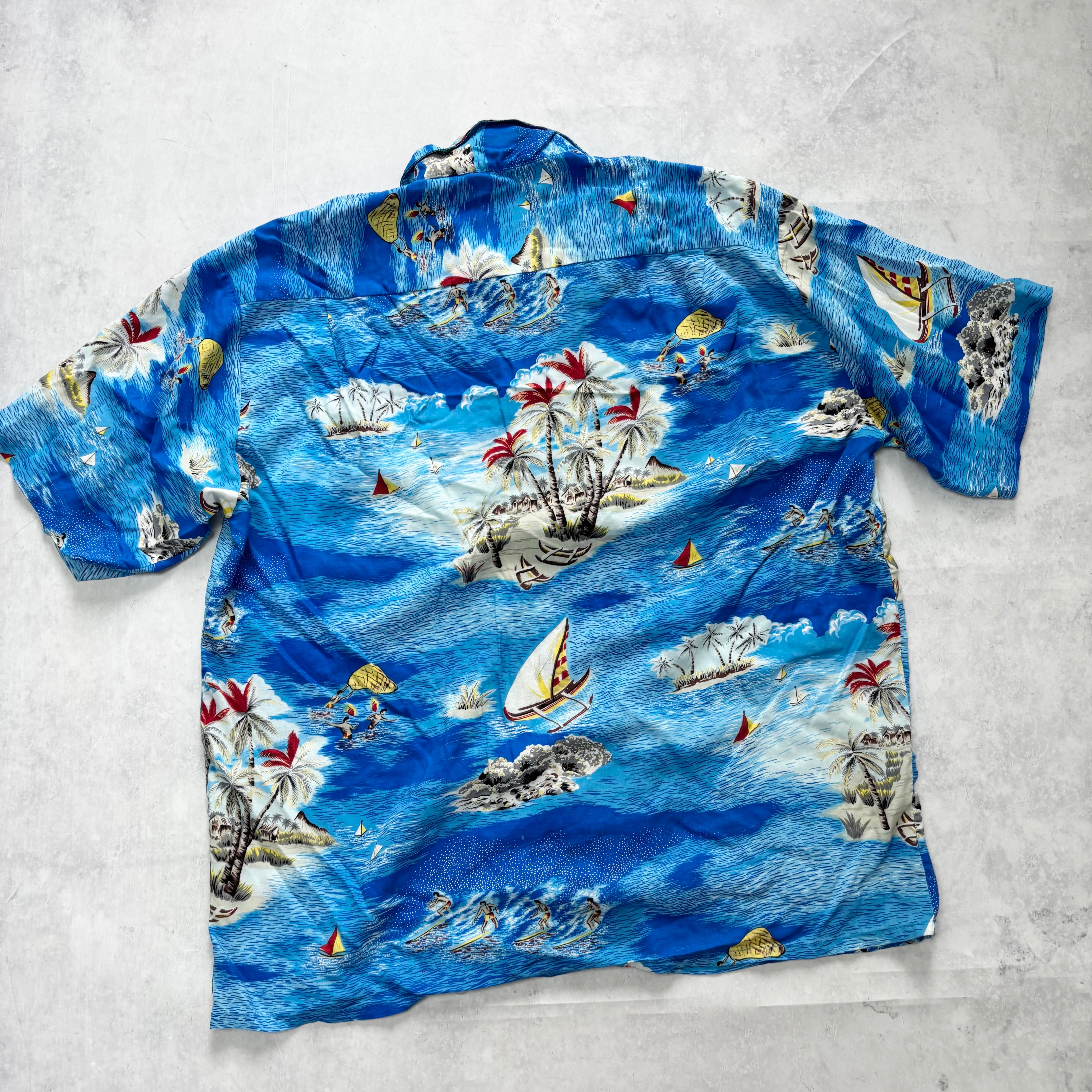 Vintage Hawaiian Shirt Mens Large Blue Floral Aloha Short Sleeve Rayon (E)