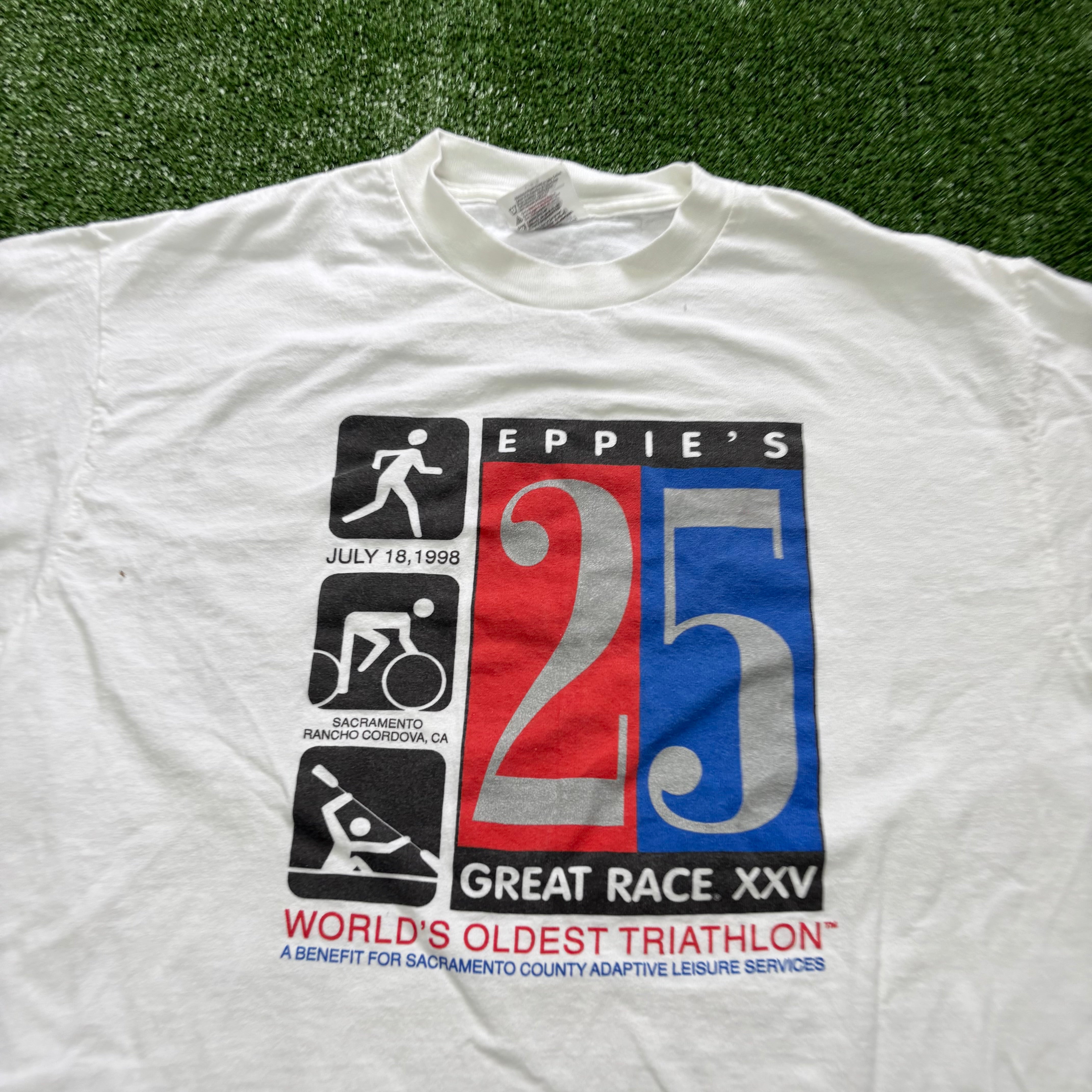 Vintage T Shirt Mens Large White Single Stitch Graphic Print 90s Race (E)