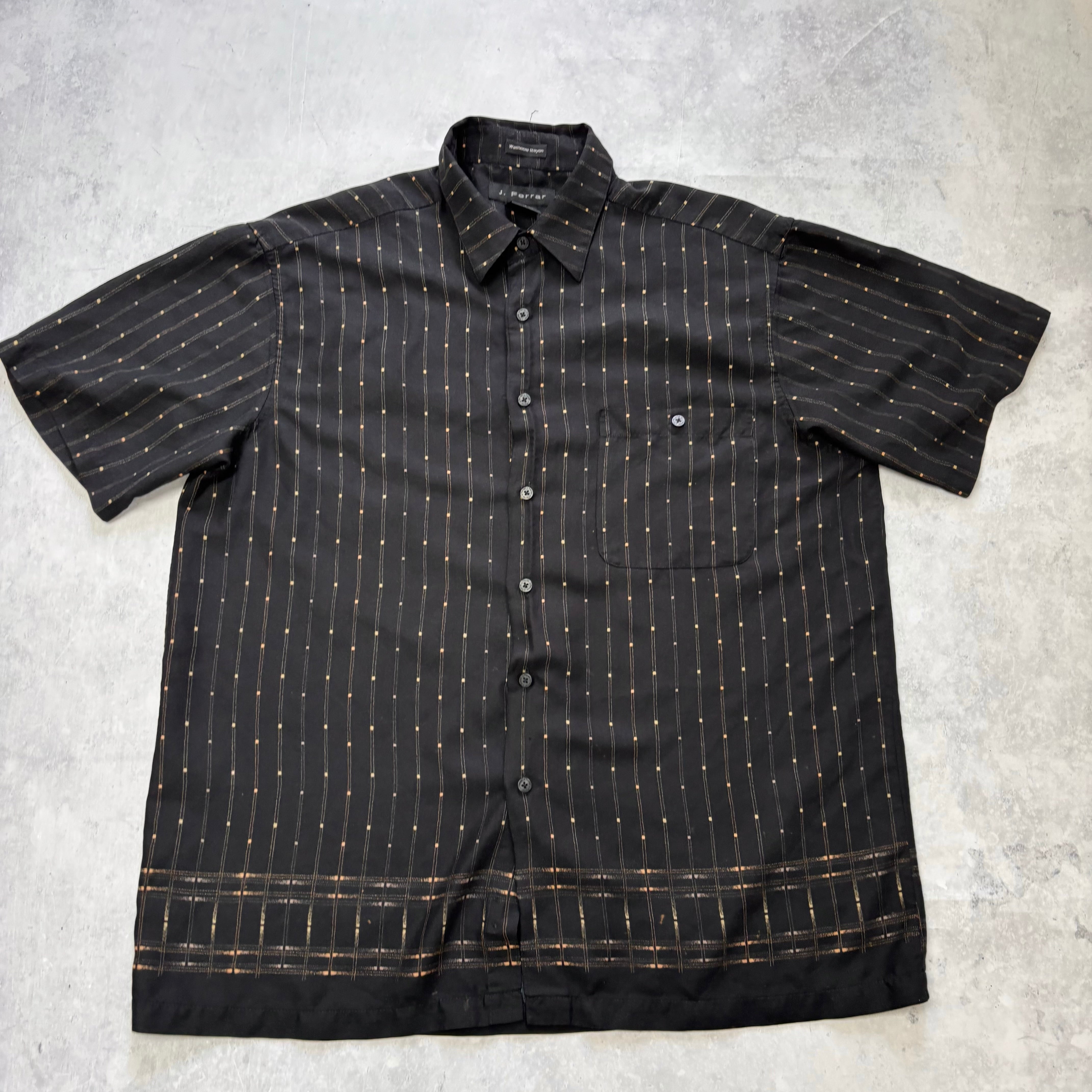 J. Ferrar Shirt Mens Large Black Patterned Striped Short Sleeve Rayon (E)